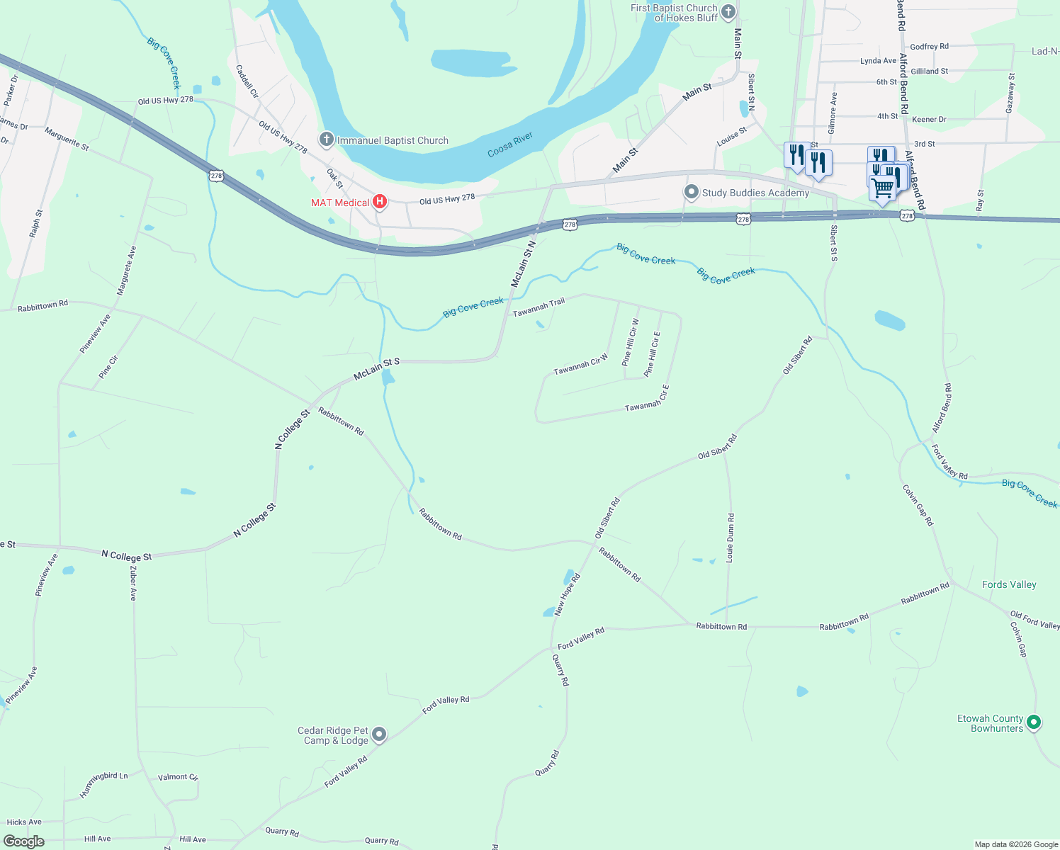 map of restaurants, bars, coffee shops, grocery stores, and more near 4400 Tawannah Circle West in Hokes Bluff