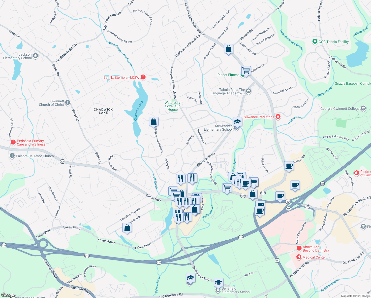 map of restaurants, bars, coffee shops, grocery stores, and more near 1321 Bailing Dr in Lawrenceville