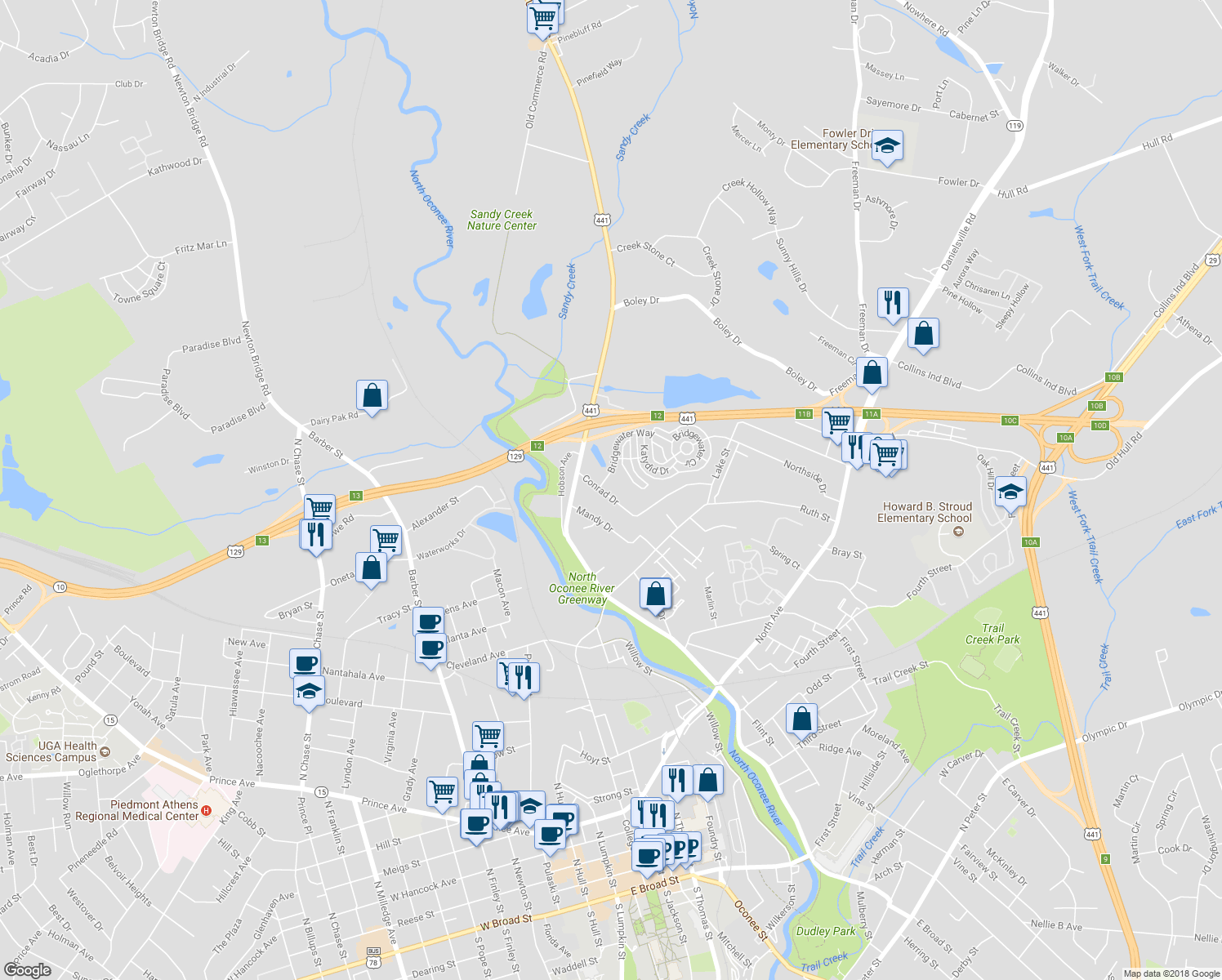 map of restaurants, bars, coffee shops, grocery stores, and more near 145 Conrad Drive in Athens