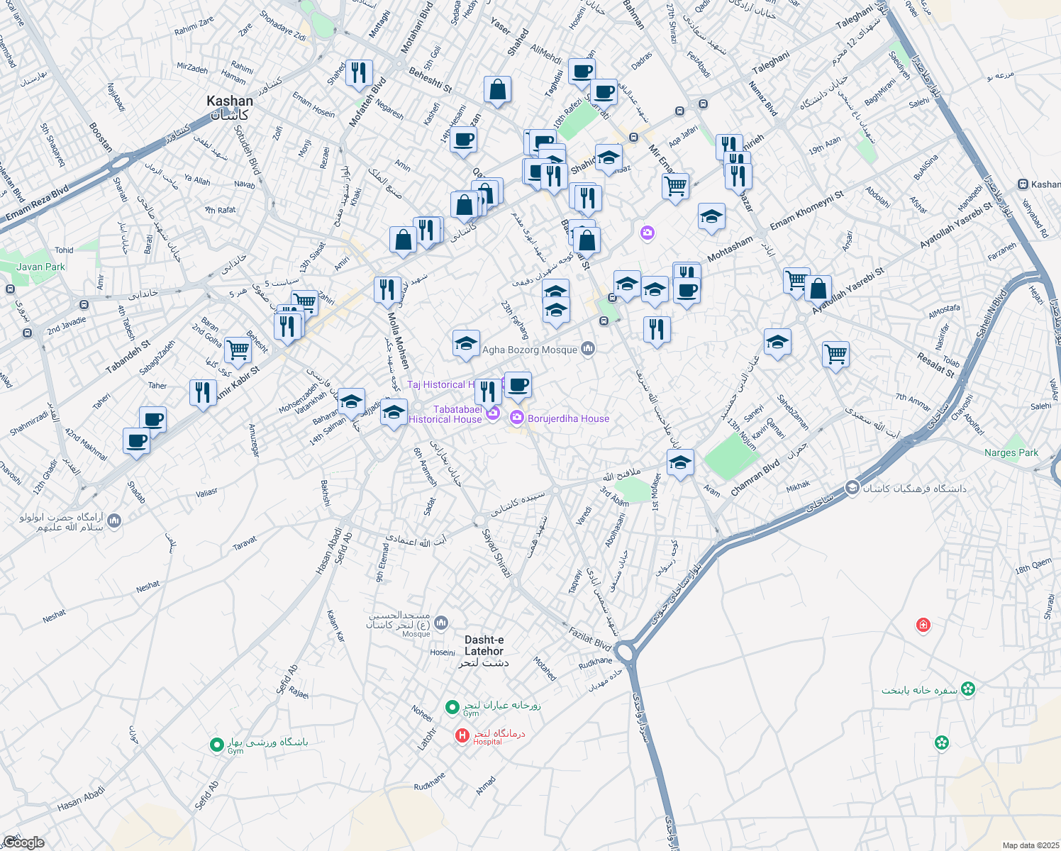 map of restaurants, bars, coffee shops, grocery stores, and more near in Kashan