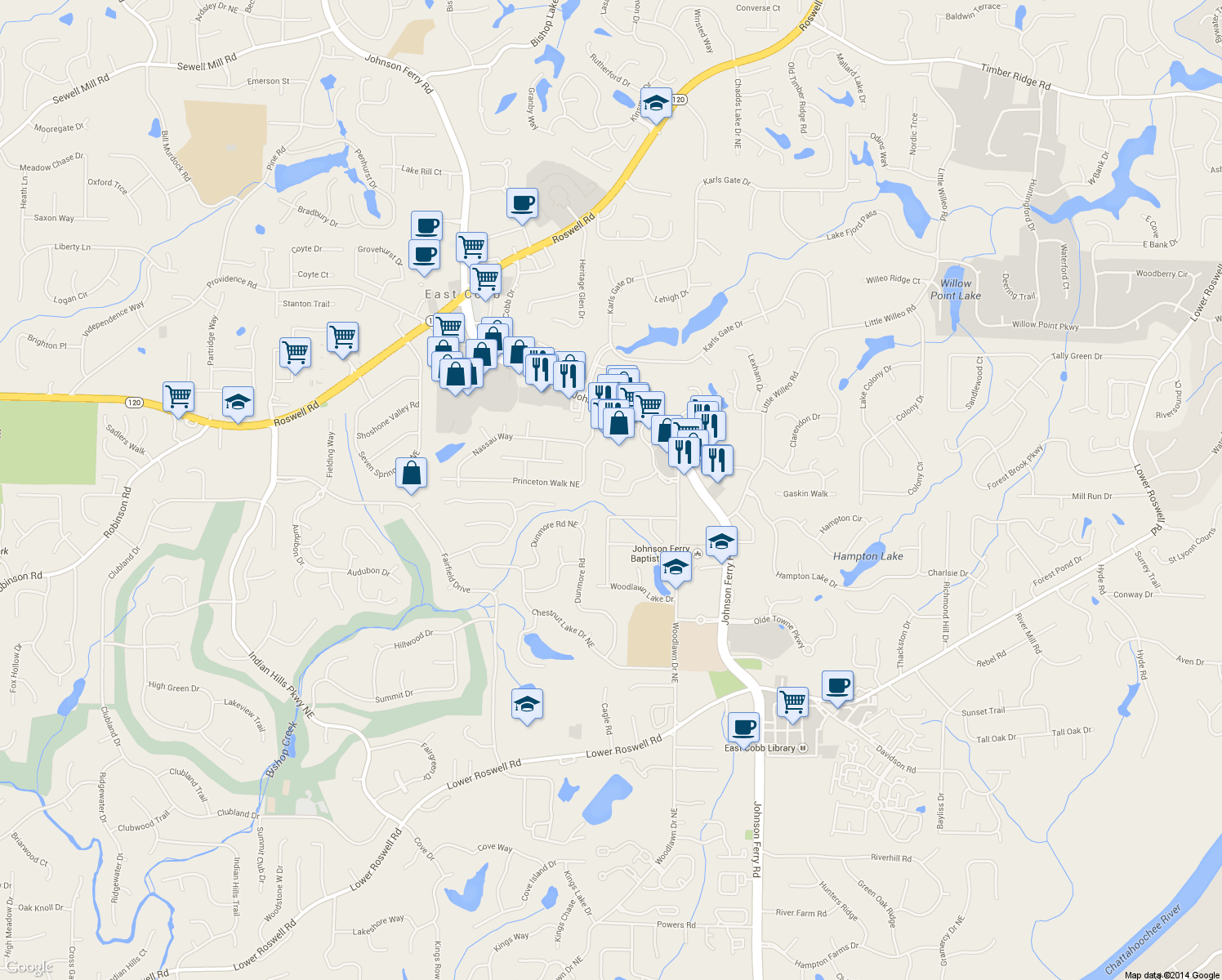 map of restaurants, bars, coffee shops, grocery stores, and more near 4479 Dobbs Crossing in Marietta