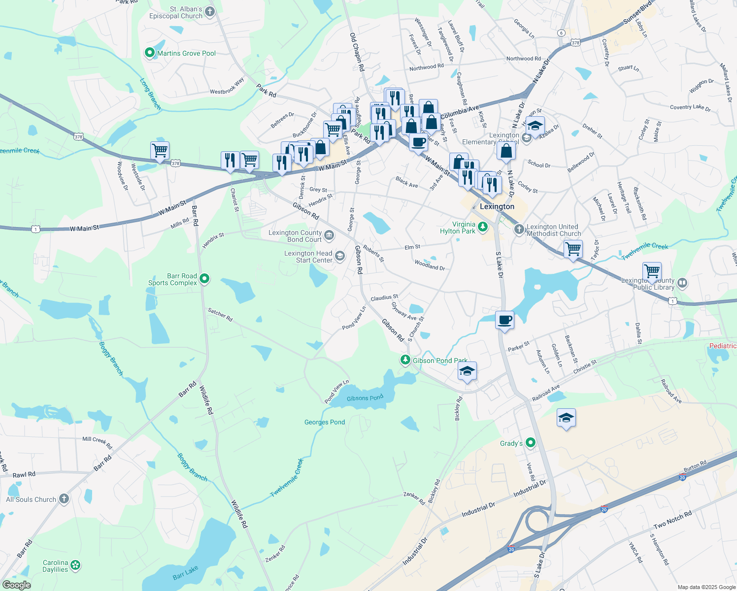 map of restaurants, bars, coffee shops, grocery stores, and more near 112 Gibson Forest Court in Lexington