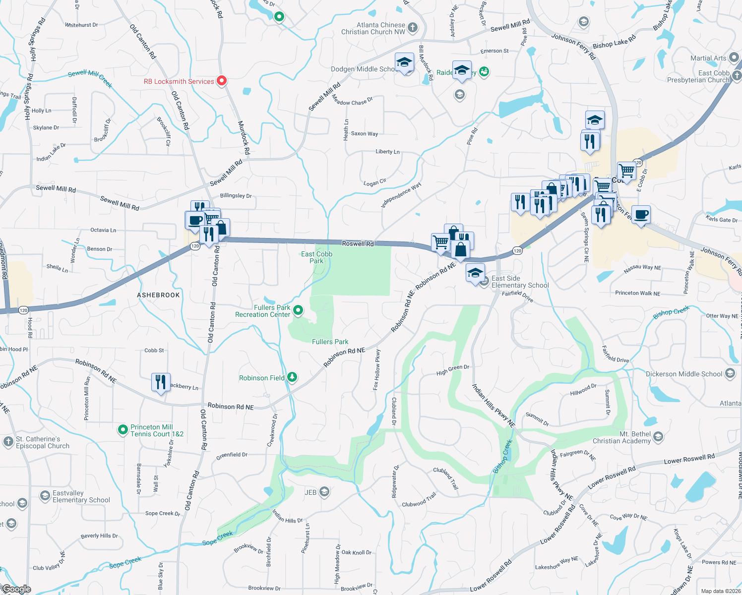 map of restaurants, bars, coffee shops, grocery stores, and more near 978 Hidden Hollow Dr in Marietta