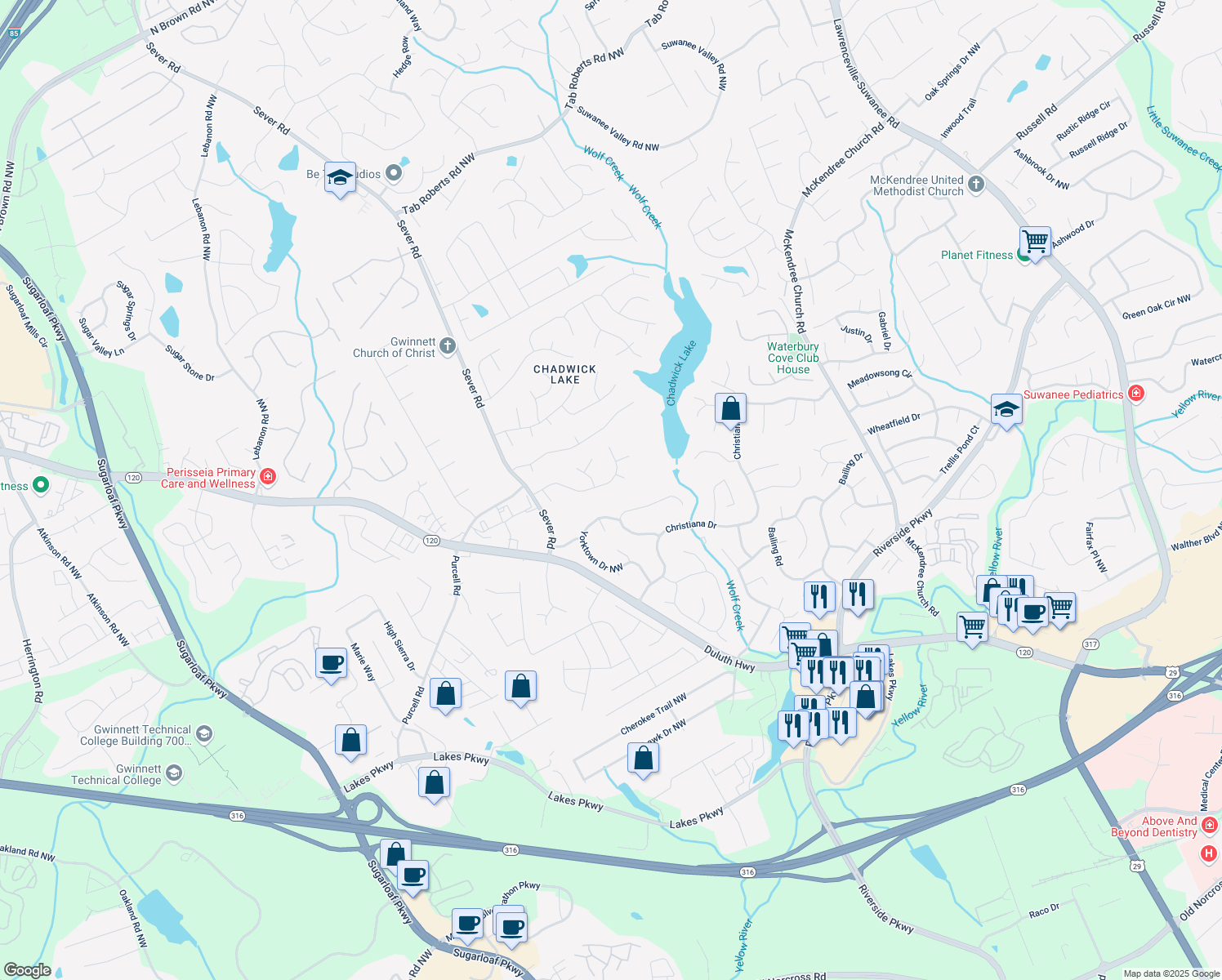 map of restaurants, bars, coffee shops, grocery stores, and more near 1300 Sever Woods Drive Northwest in Lawrenceville