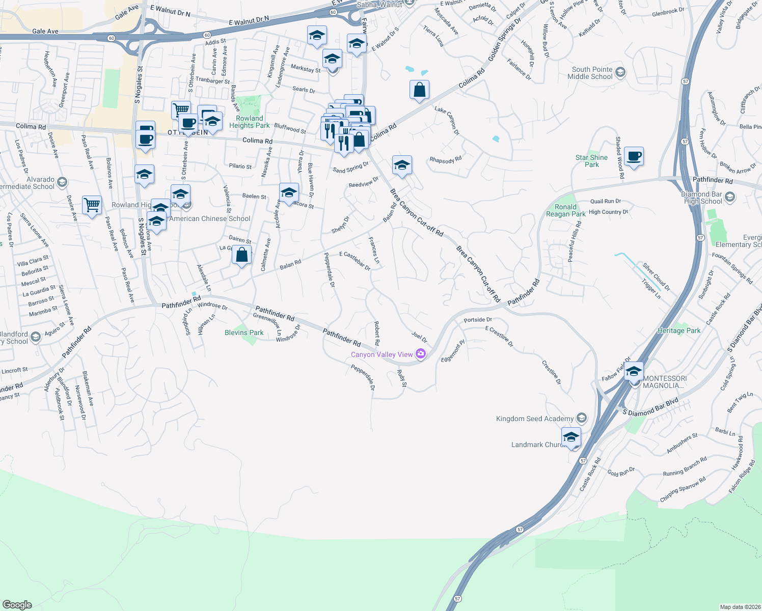 map of restaurants, bars, coffee shops, grocery stores, and more near 2341 Thelma Lane in Rowland Heights