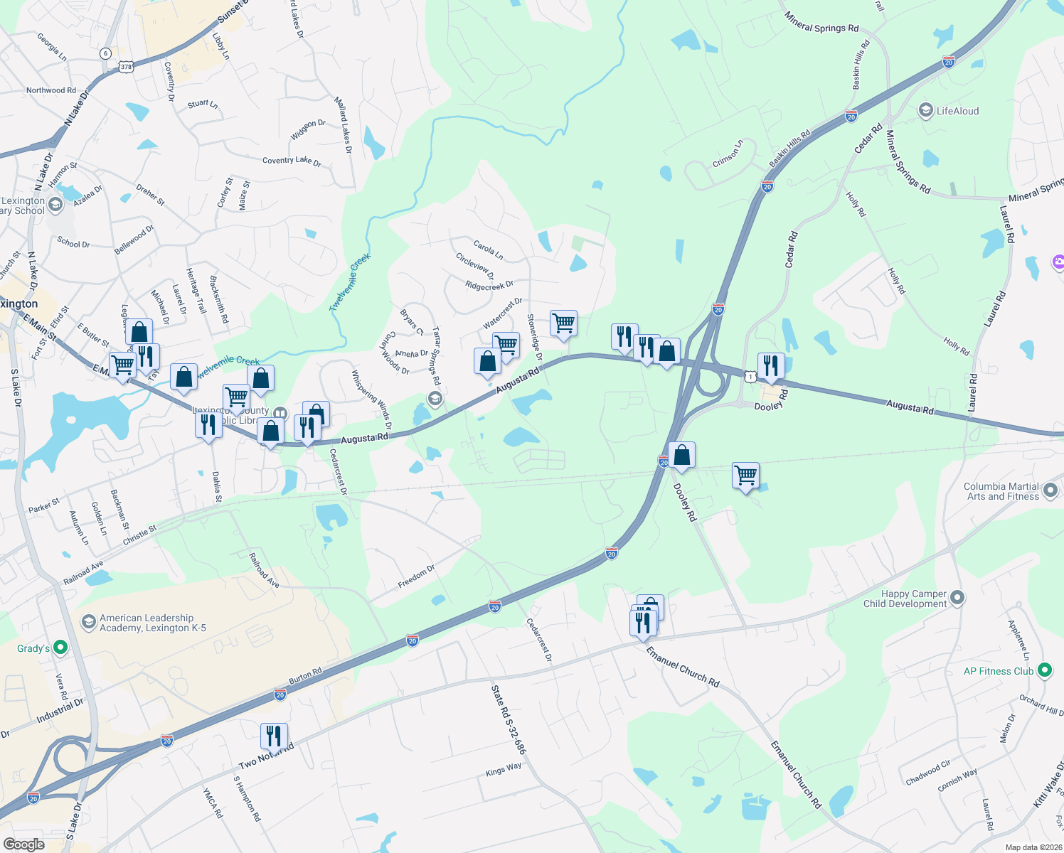 map of restaurants, bars, coffee shops, grocery stores, and more near Carlen Avenue in Lexington