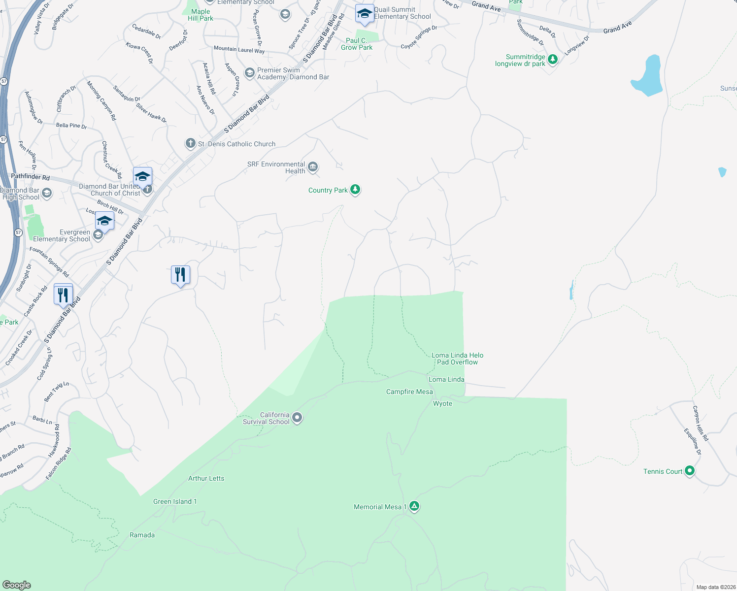map of restaurants, bars, coffee shops, grocery stores, and more near 2695 Shady Ridge Lane in Diamond Bar