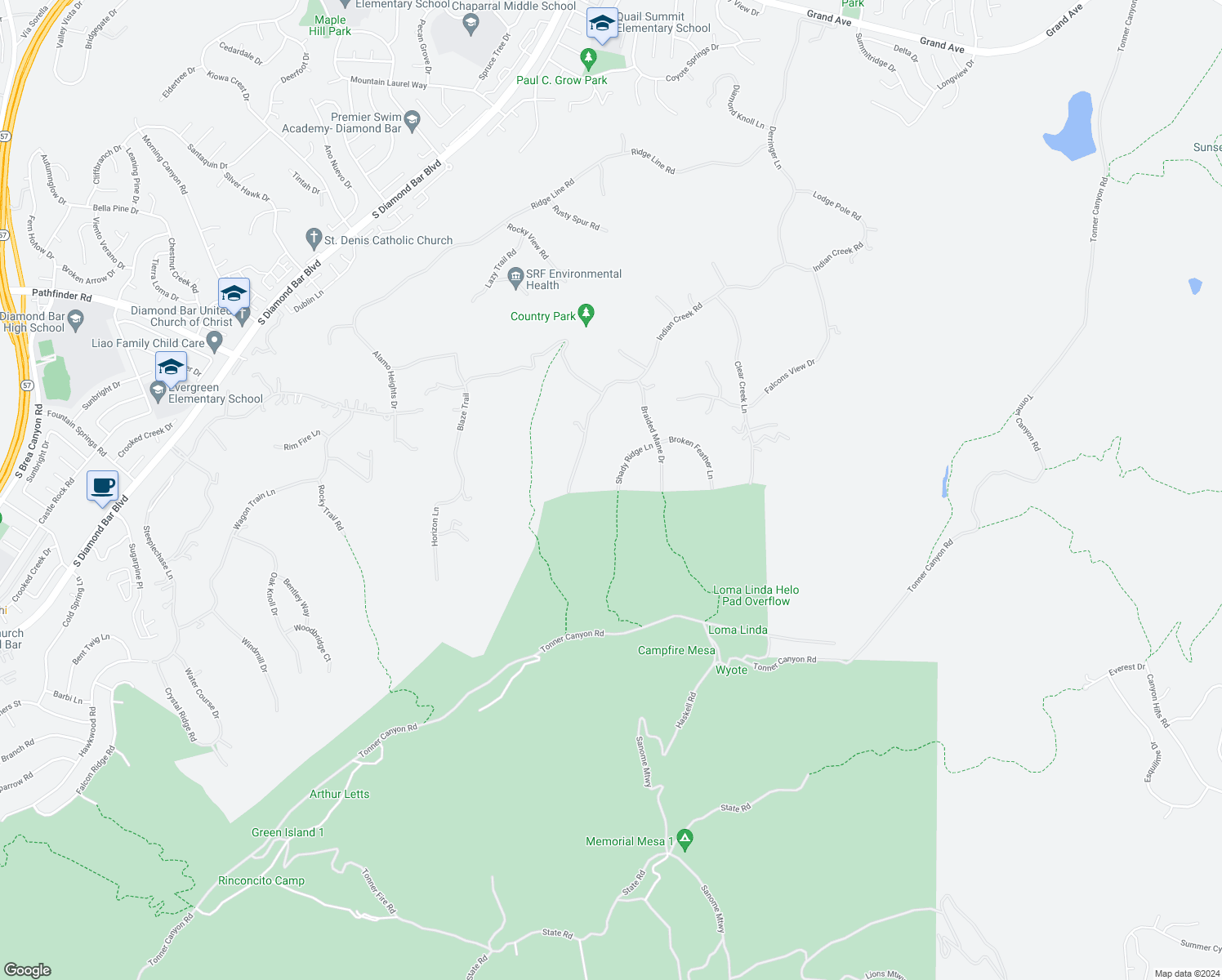 map of restaurants, bars, coffee shops, grocery stores, and more near 2695 Shady Ridge Lane in Diamond Bar