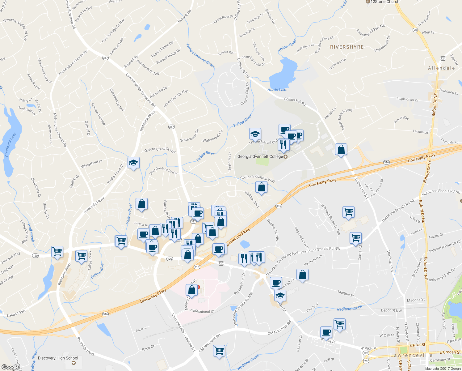 map of restaurants, bars, coffee shops, grocery stores, and more near 970 Tree Creek Boulevard in Lawrenceville