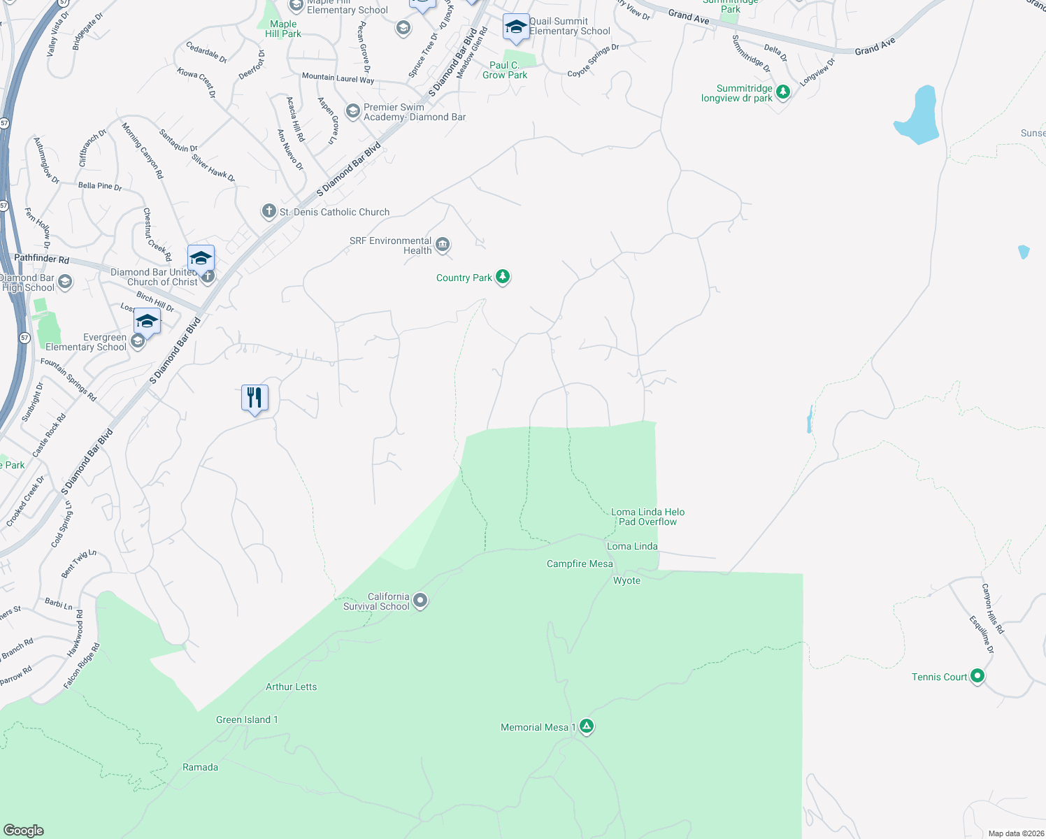 map of restaurants, bars, coffee shops, grocery stores, and more near 2691 Shady Ridge Lane in Diamond Bar