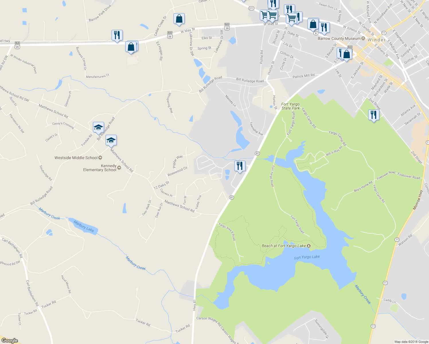 map of restaurants, bars, coffee shops, grocery stores, and more near 521 Terrapin Lane in Winder