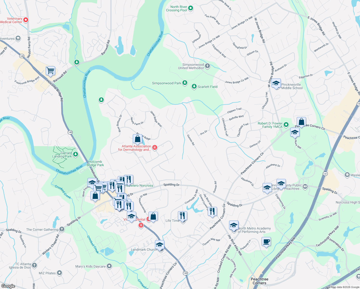 map of restaurants, bars, coffee shops, grocery stores, and more near 4110 Spalding Hollow Northwest in Norcross