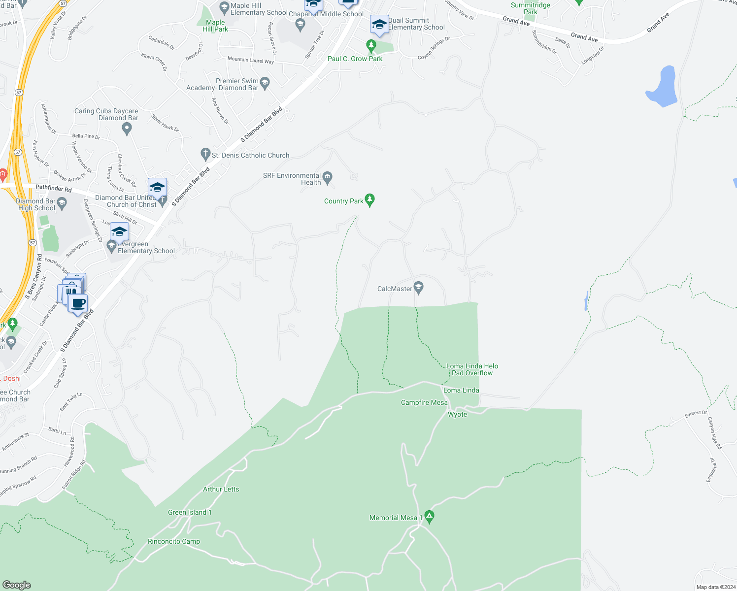 map of restaurants, bars, coffee shops, grocery stores, and more near 2690 Indian Creek Road in Diamond Bar