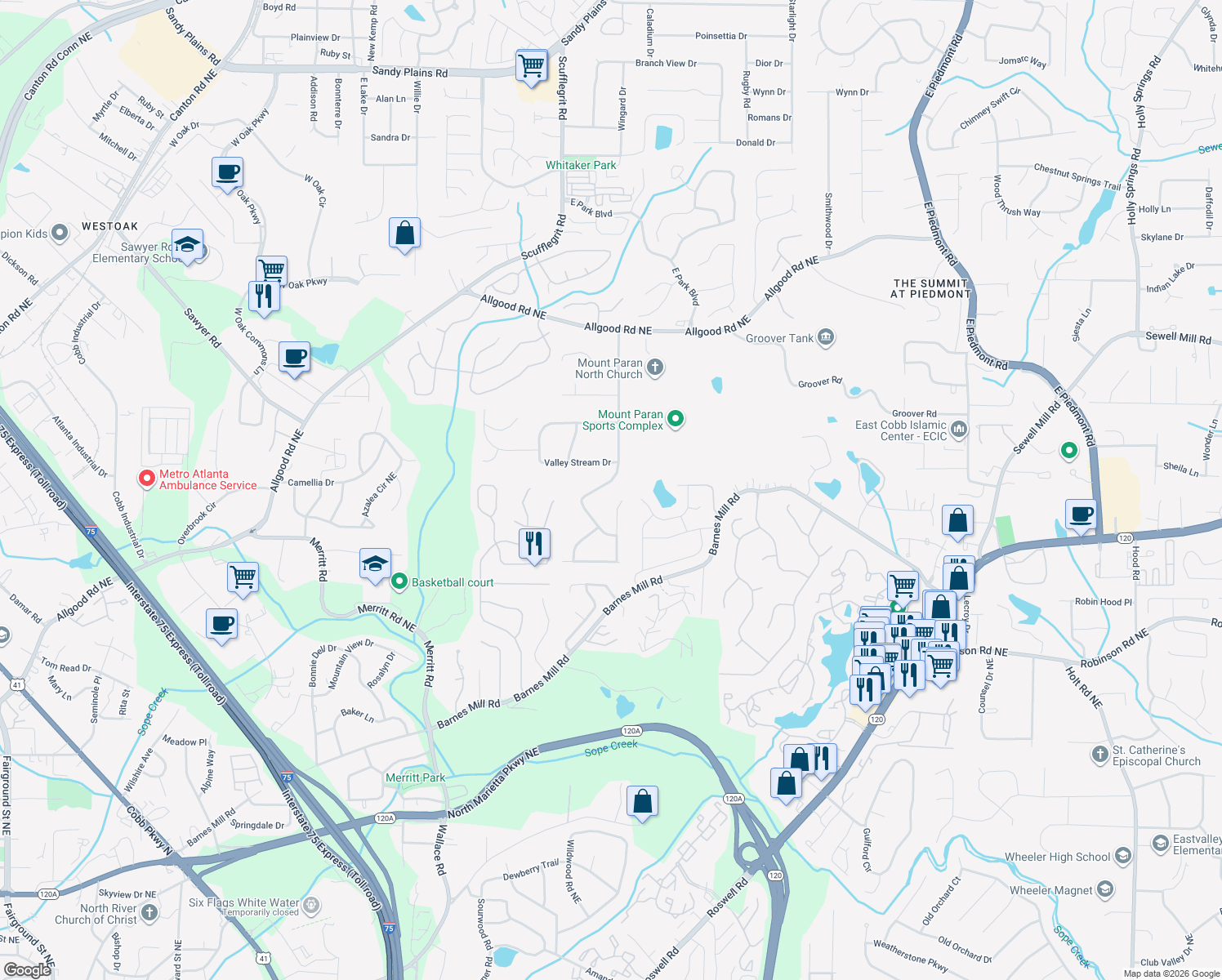 map of restaurants, bars, coffee shops, grocery stores, and more near 1044 Rockcrest Drive in Marietta