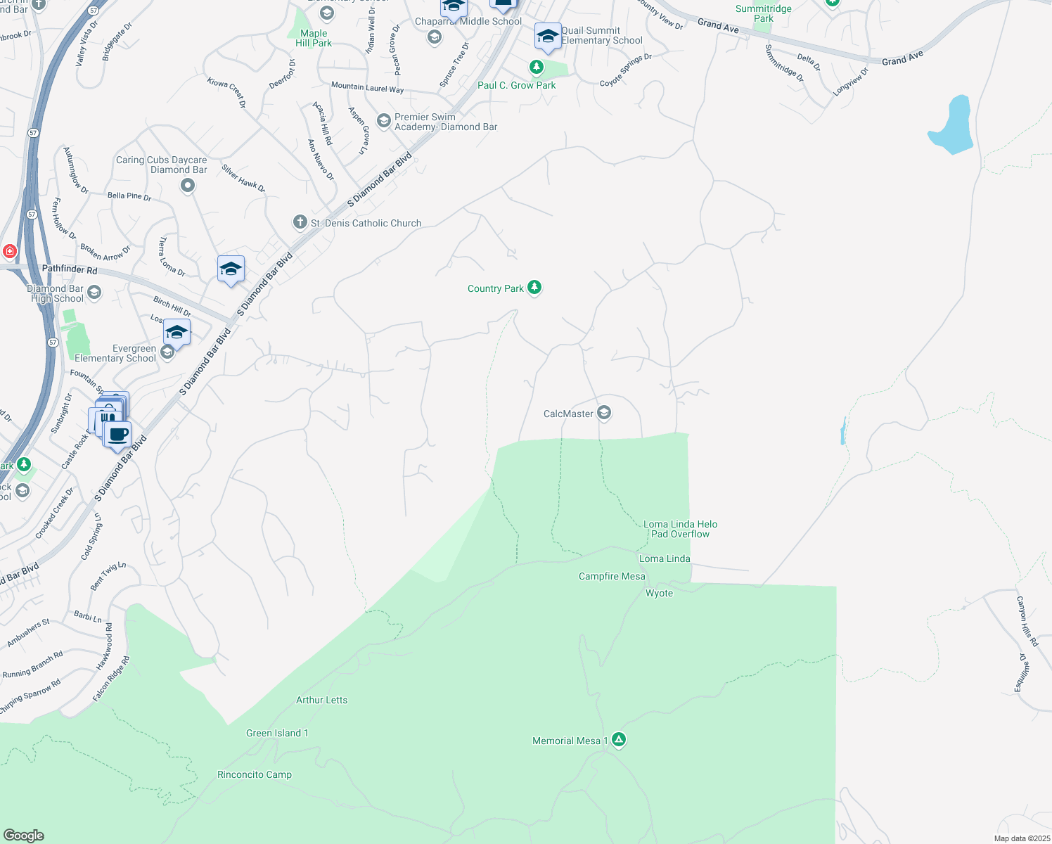 map of restaurants, bars, coffee shops, grocery stores, and more near 2690 Indian Creek Road in Diamond Bar