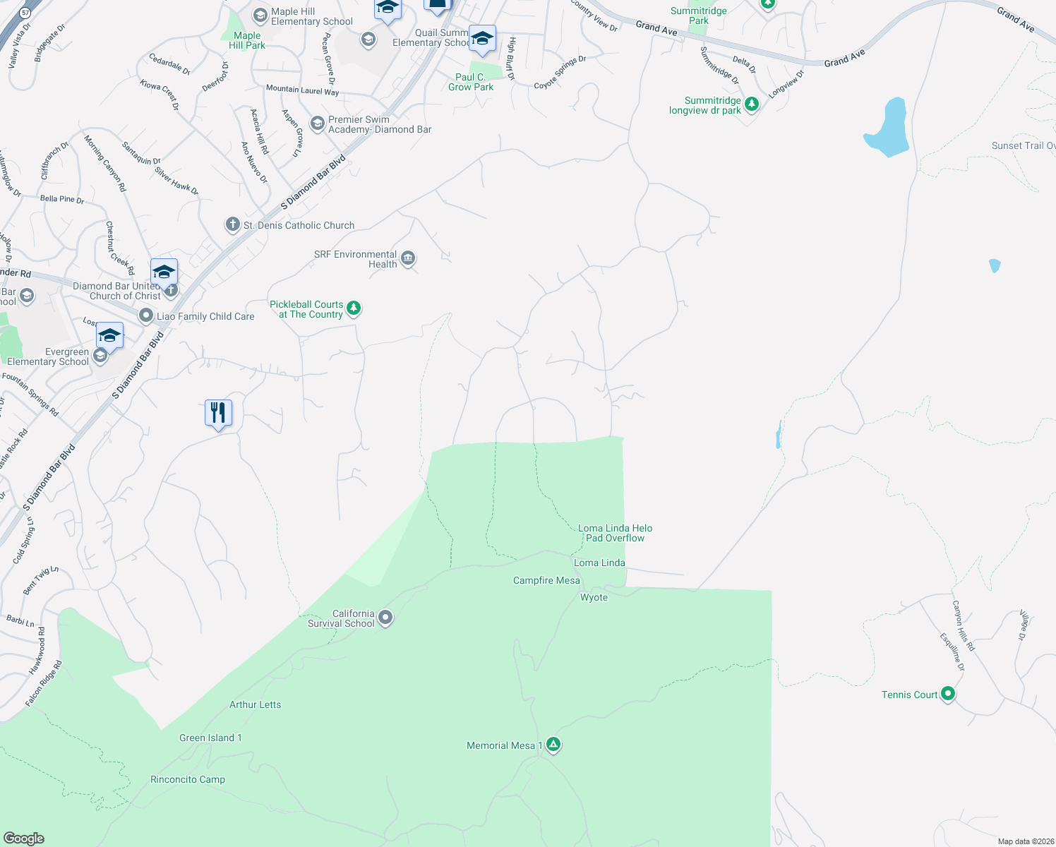 map of restaurants, bars, coffee shops, grocery stores, and more near 2633 Braided Mane Drive in Diamond Bar