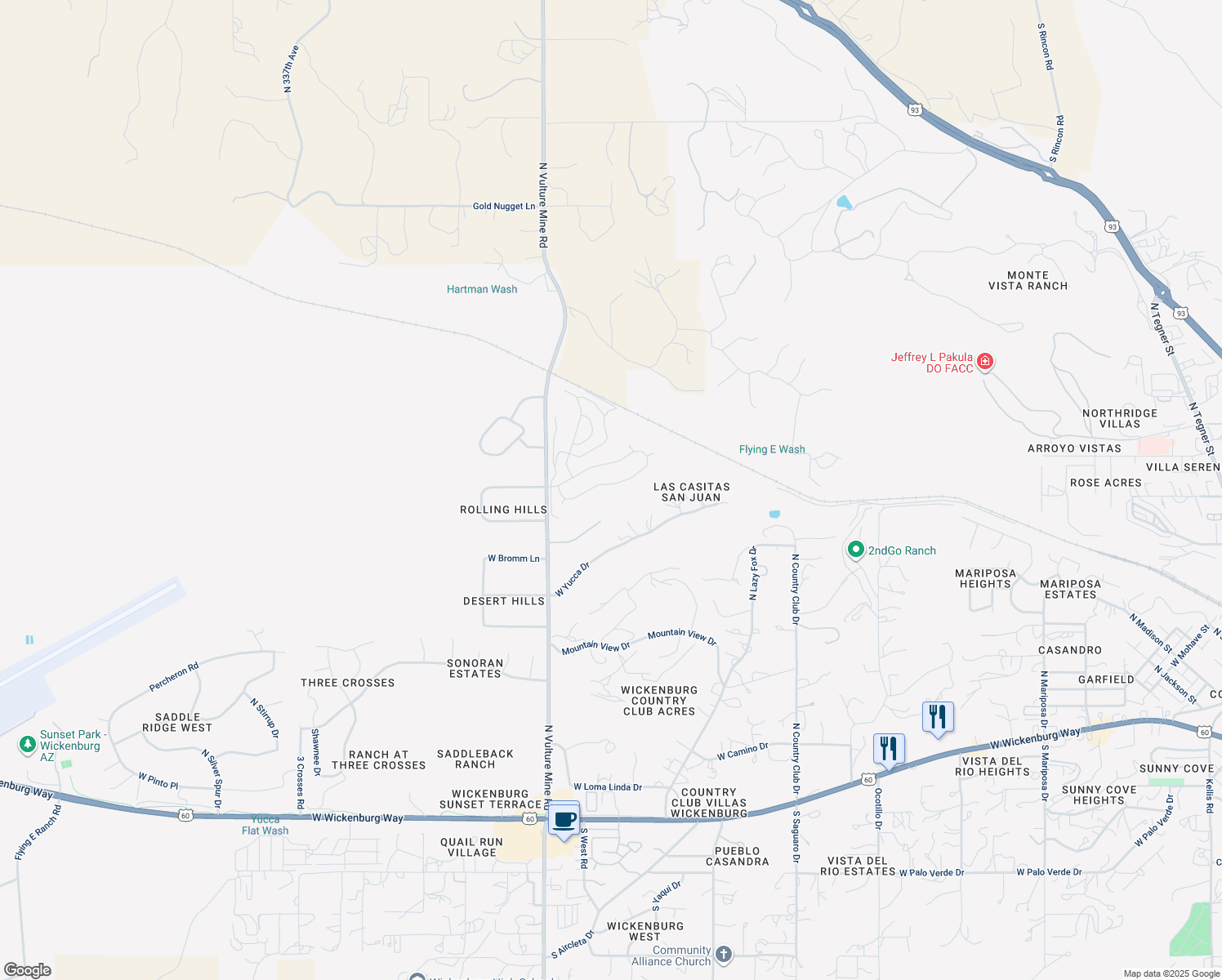 map of restaurants, bars, coffee shops, grocery stores, and more near 1835 Yance Drive in Wickenburg