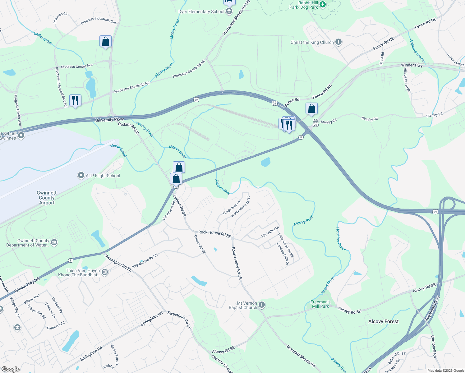 map of restaurants, bars, coffee shops, grocery stores, and more near 1385 Winder Highway in Dacula