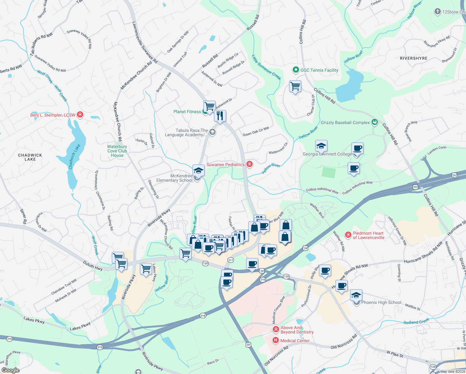 map of restaurants, bars, coffee shops, grocery stores, and more near 1084 Allison Woods Court Northwest in Lawrenceville