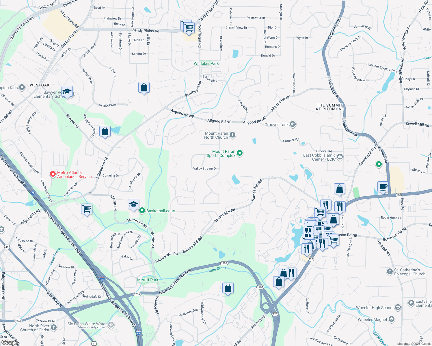 map of restaurants, bars, coffee shops, grocery stores, and more near 1044 Rockcrest Drive in Marietta