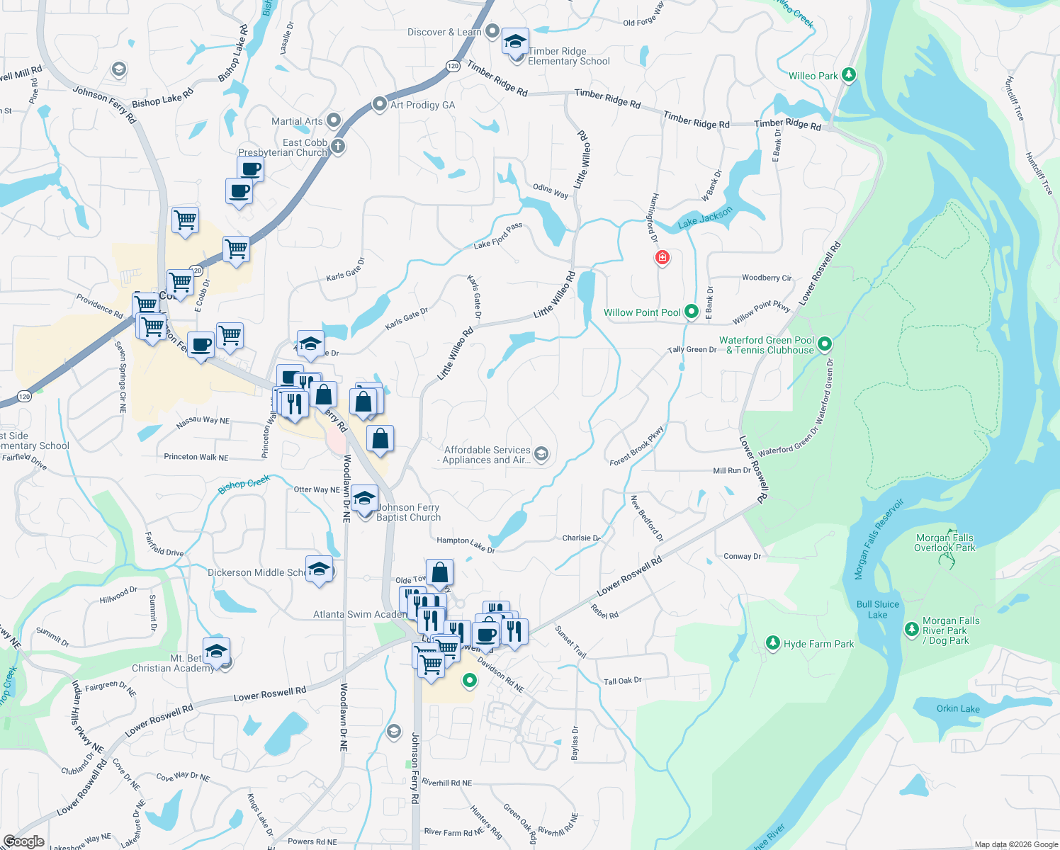 map of restaurants, bars, coffee shops, grocery stores, and more near 1206 Lake Colony Drive in Marietta