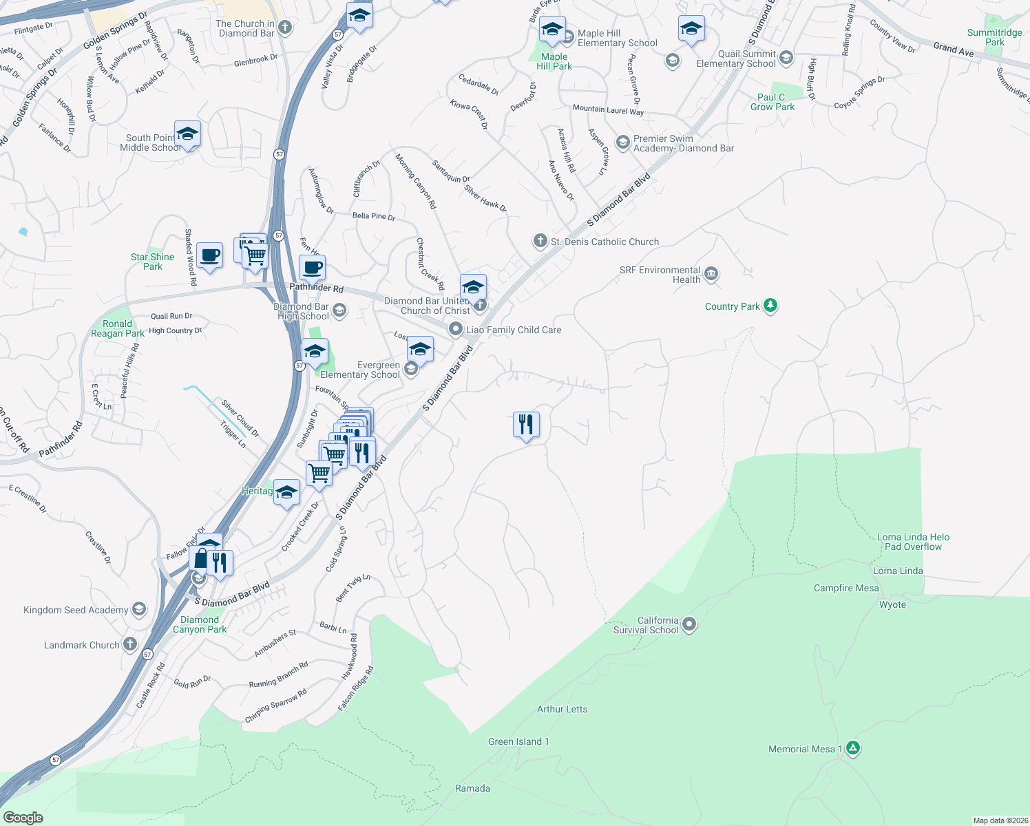 map of restaurants, bars, coffee shops, grocery stores, and more near 22127 Rim Fire Lane in Diamond Bar