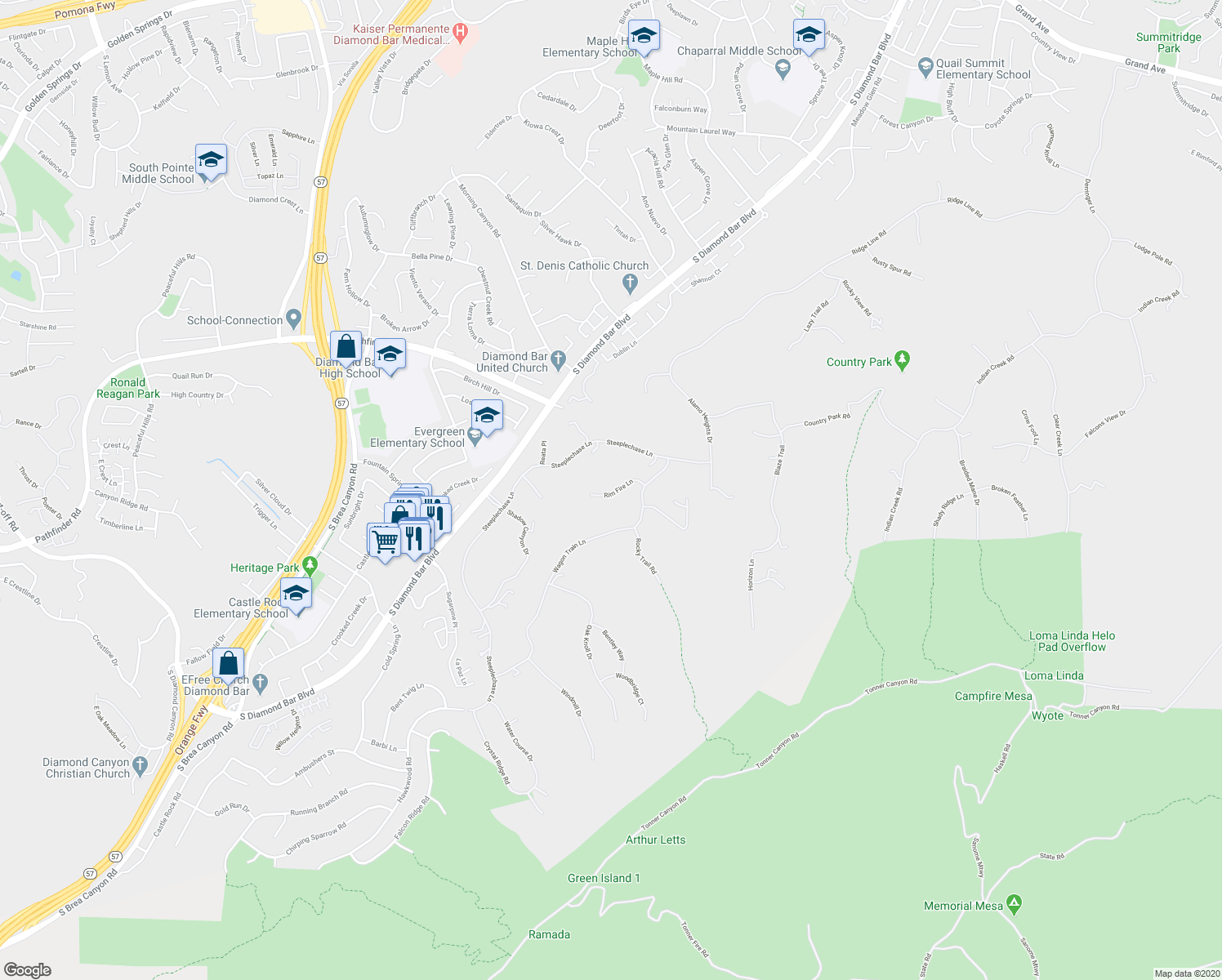 map of restaurants, bars, coffee shops, grocery stores, and more near 22189 Rim Fire Lane in Diamond Bar