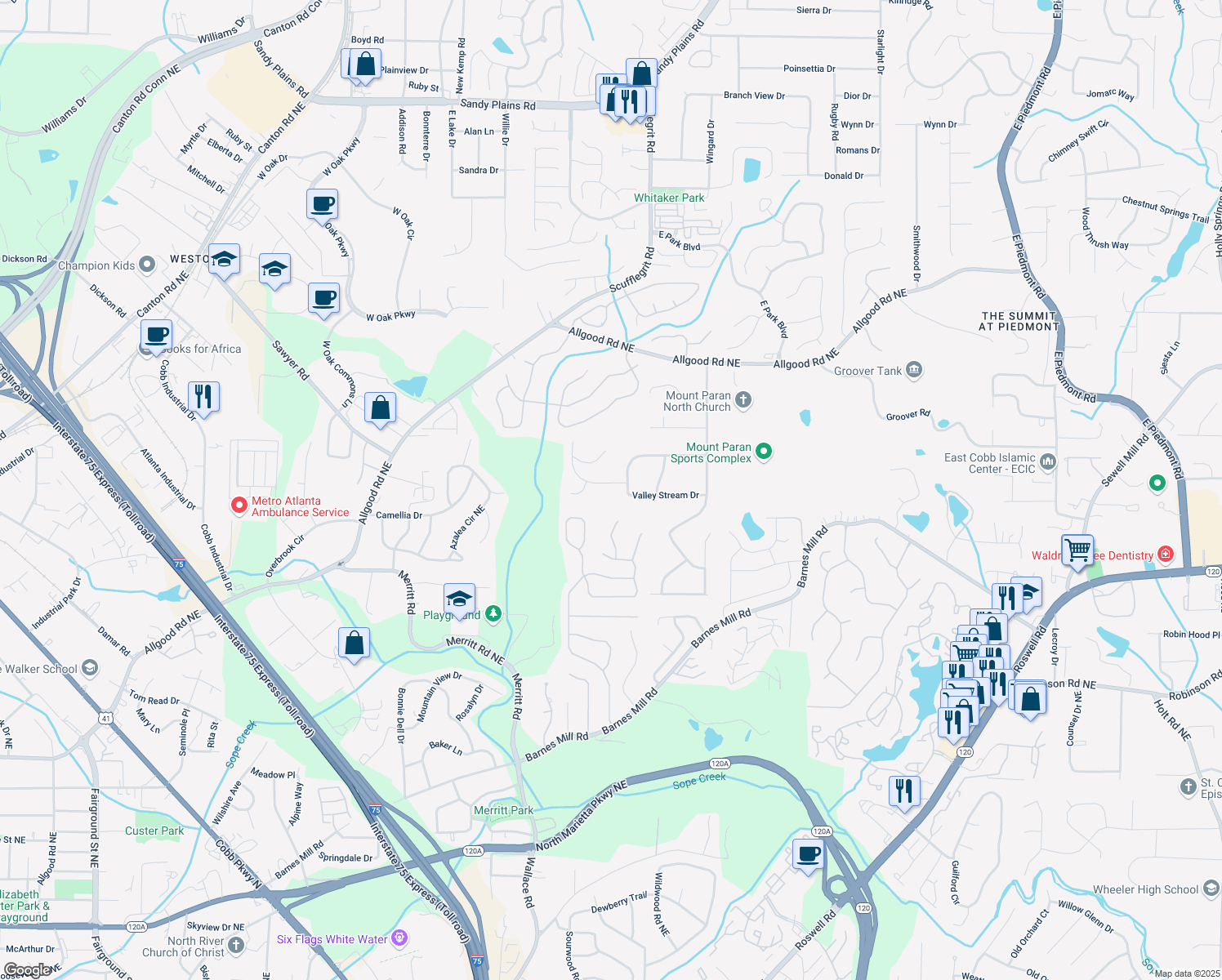 map of restaurants, bars, coffee shops, grocery stores, and more near 1496 Shadowrock Drive in Marietta