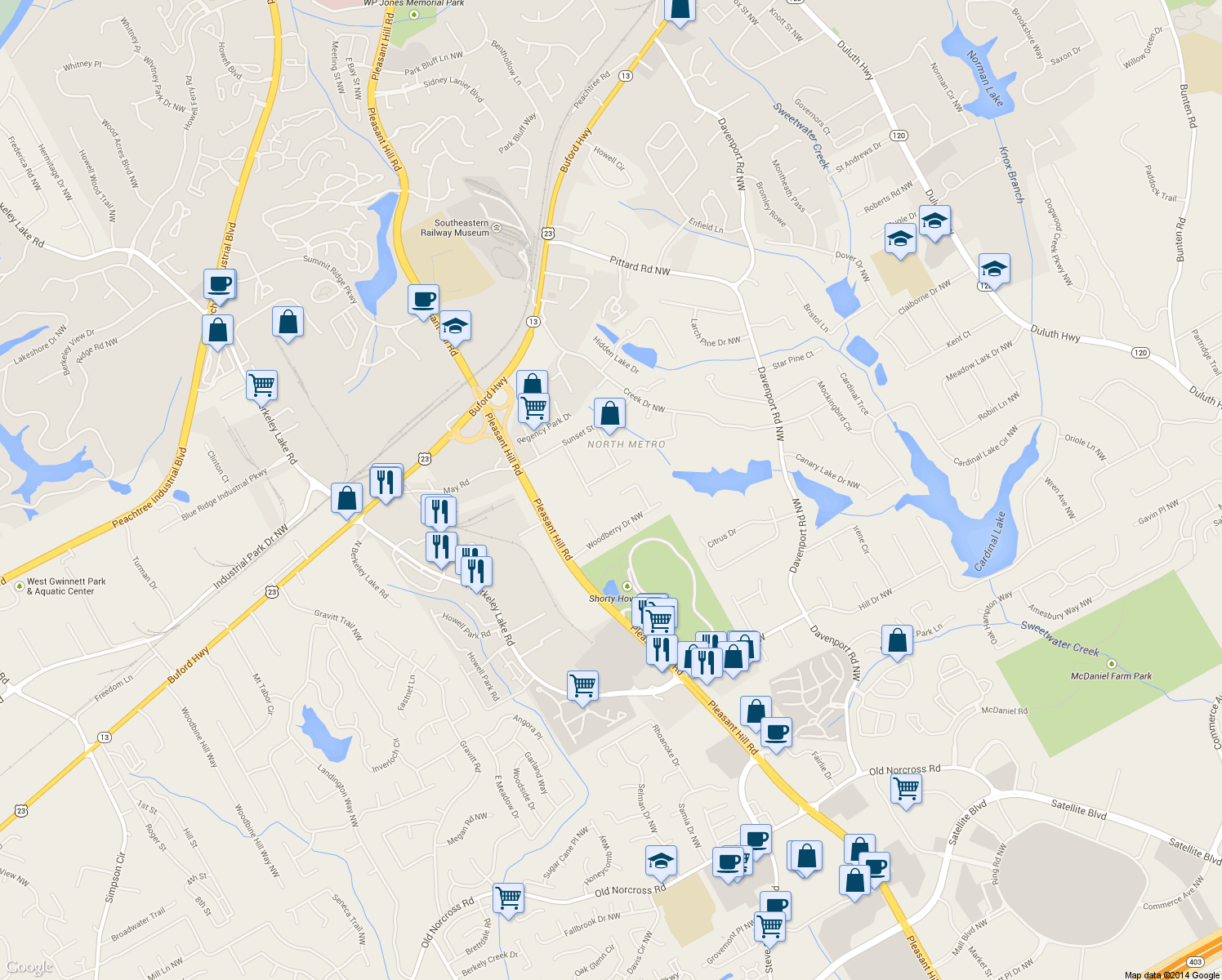 map of restaurants, bars, coffee shops, grocery stores, and more near 2904 Woodstar Court Northwest in Duluth