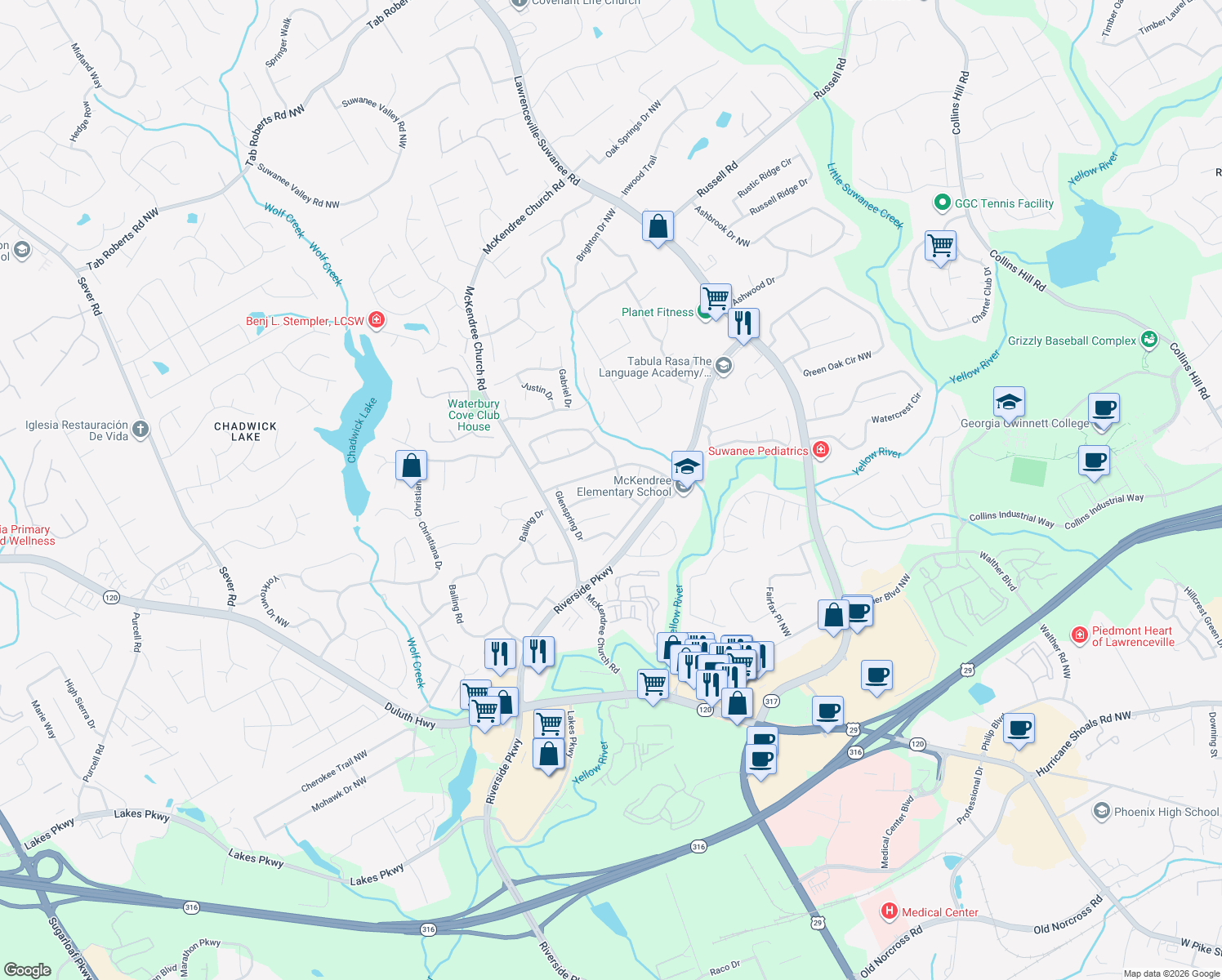 map of restaurants, bars, coffee shops, grocery stores, and more near 1359 Field Creek Terrace in Lawrenceville
