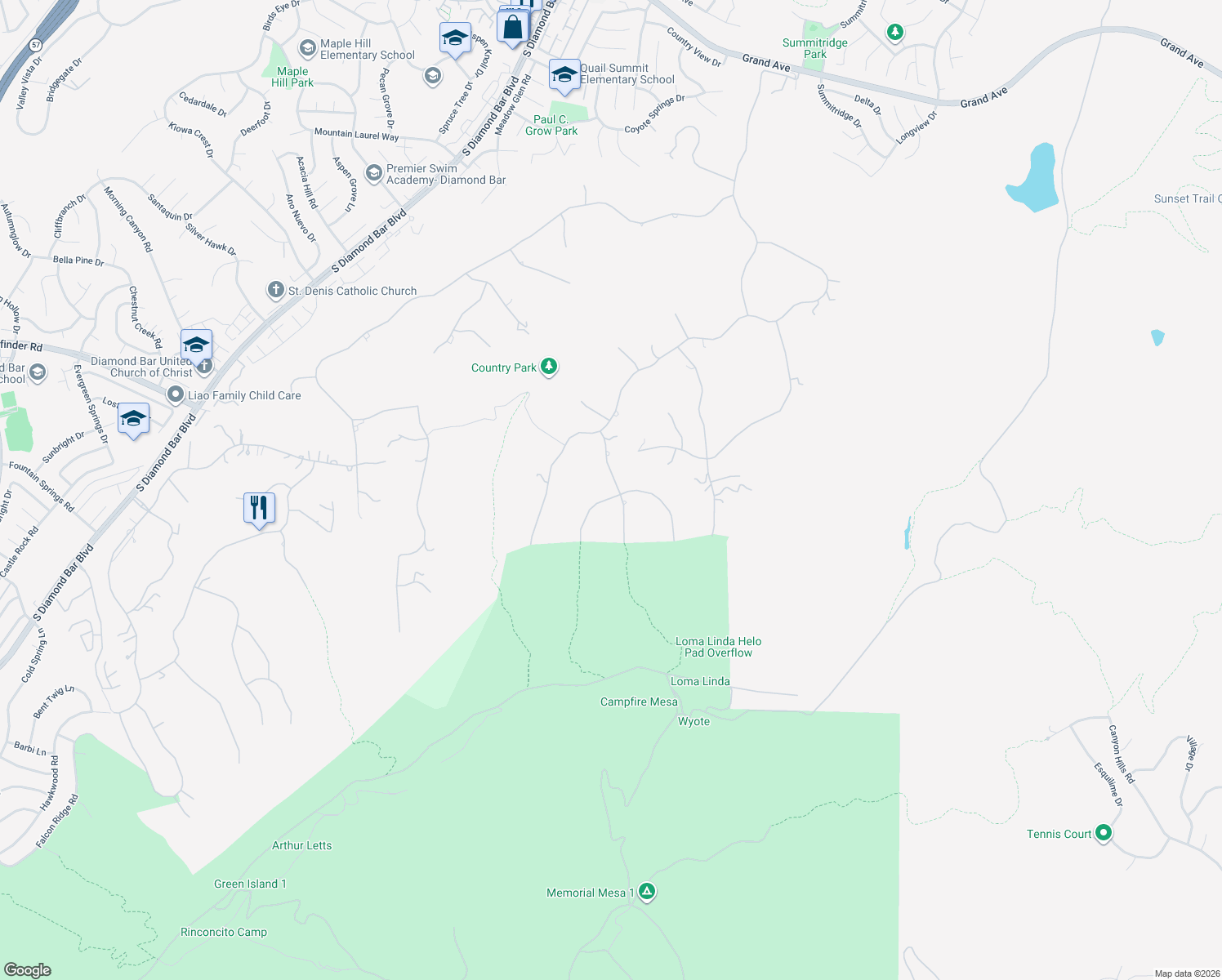 map of restaurants, bars, coffee shops, grocery stores, and more near 2591 Braided Mane Drive in Diamond Bar
