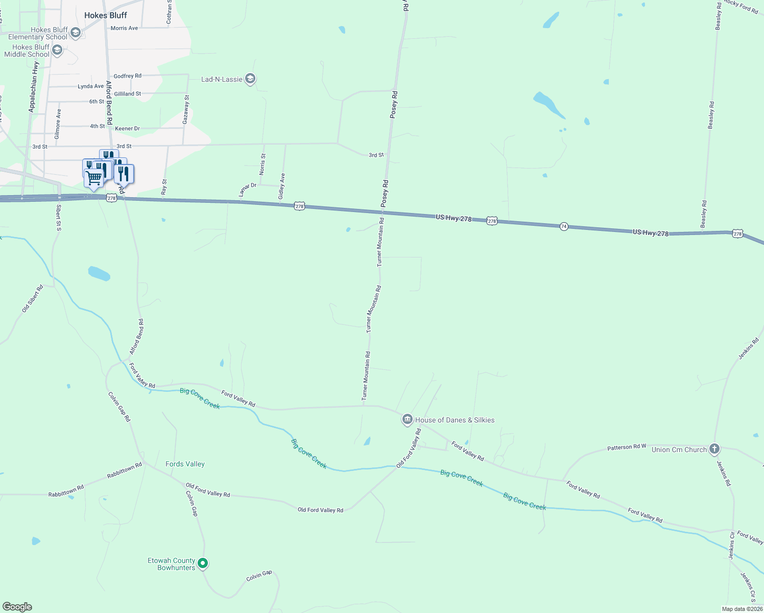 map of restaurants, bars, coffee shops, grocery stores, and more near 4279 Turner Mountain Road in Gadsden