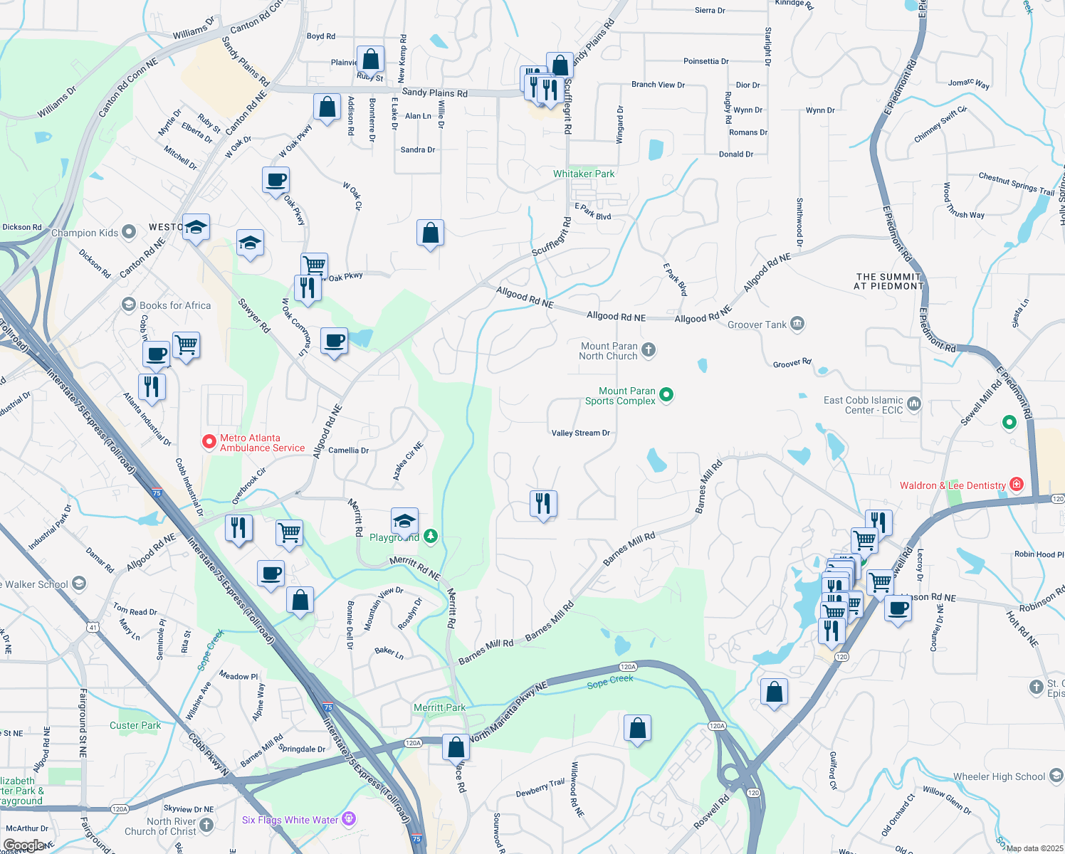 map of restaurants, bars, coffee shops, grocery stores, and more near 1496 Shadowrock Drive in Marietta