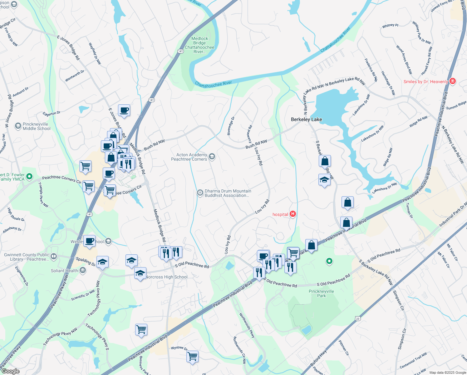 map of restaurants, bars, coffee shops, grocery stores, and more near 4862 Miller Farms Court in Duluth