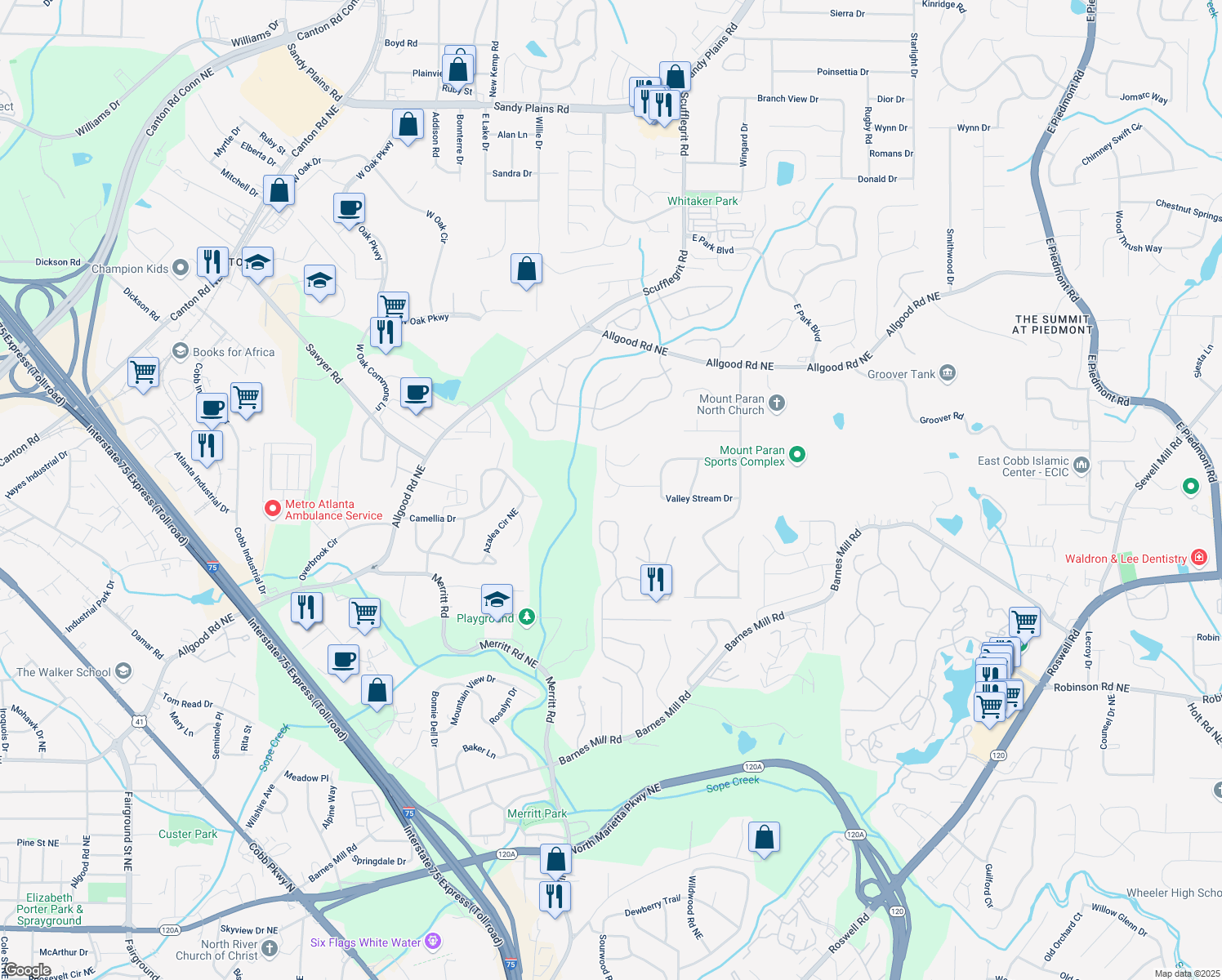 map of restaurants, bars, coffee shops, grocery stores, and more near 1439 Shadowrock Court Northeast in Marietta
