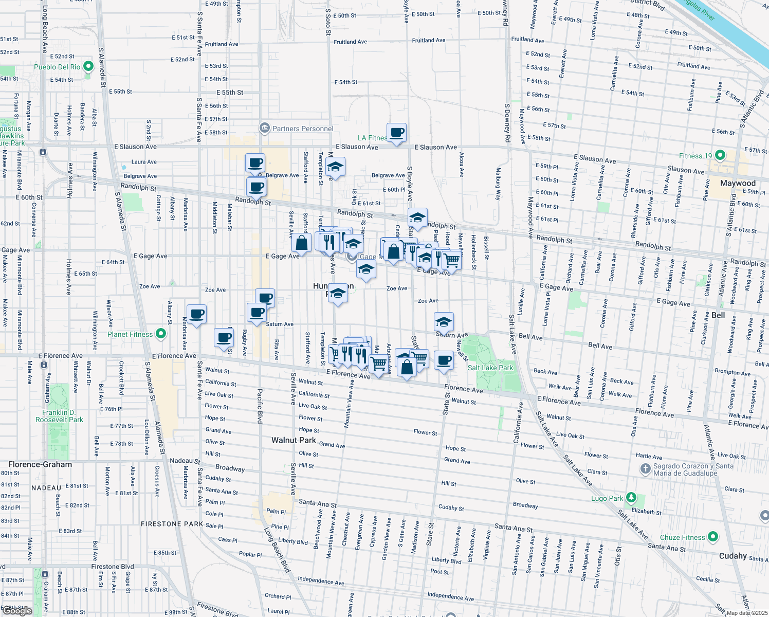 map of restaurants, bars, coffee shops, grocery stores, and more near 6717 Arbutus Avenue in Huntington Park
