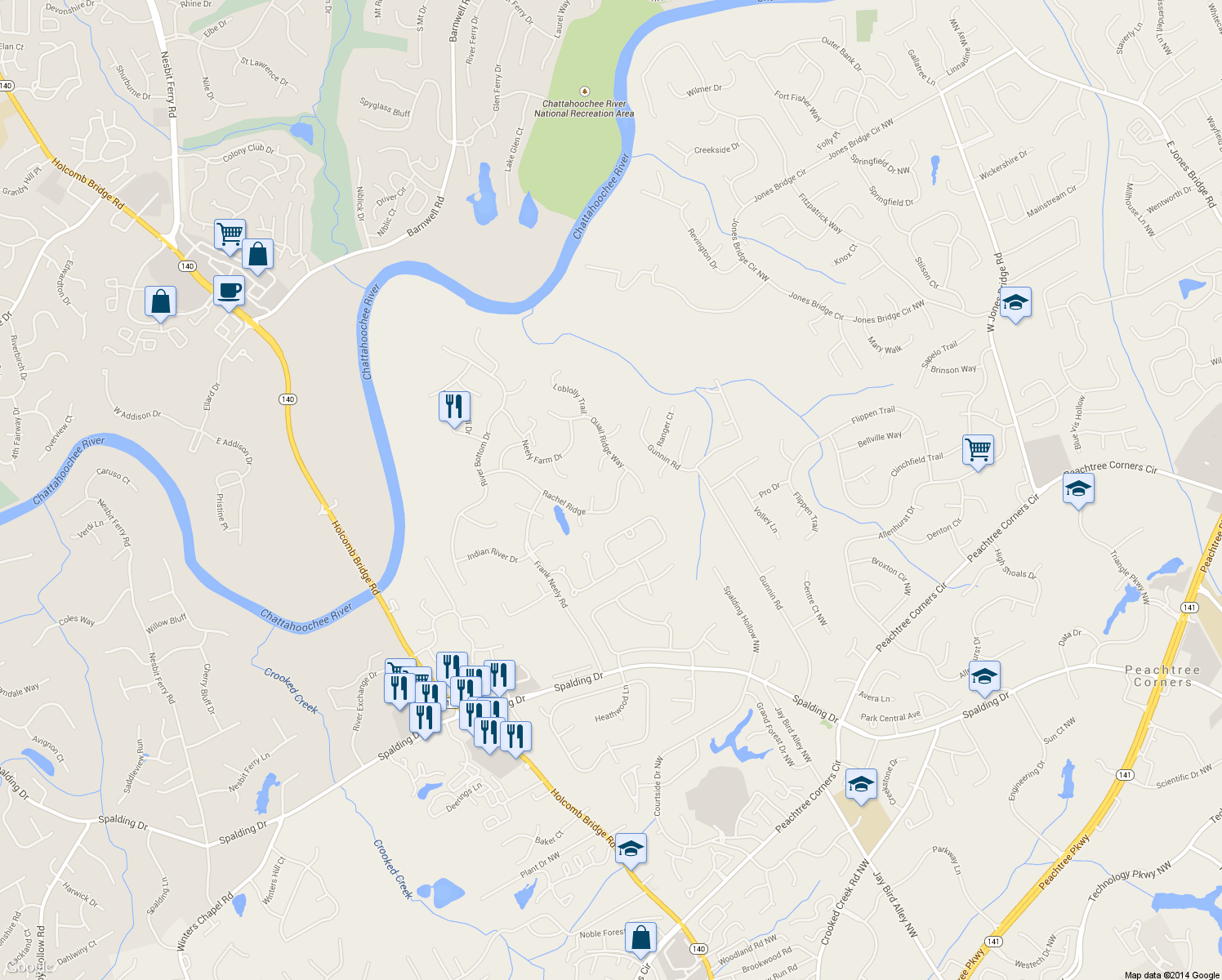 map of restaurants, bars, coffee shops, grocery stores, and more near 5981 Rachel Ridge in Norcross