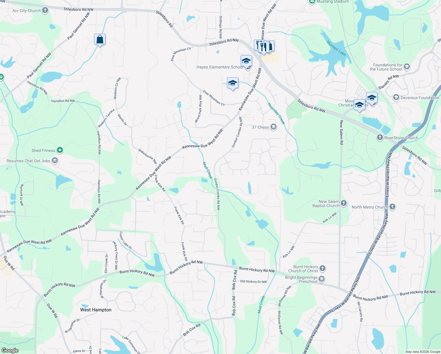 map of restaurants, bars, coffee shops, grocery stores, and more near 2914 Preakness Drive Northwest in Marietta