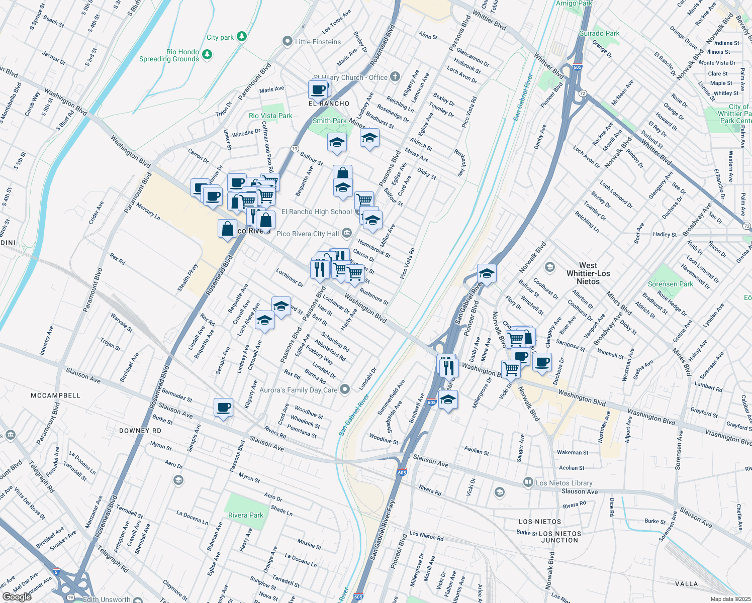 map of restaurants, bars, coffee shops, grocery stores, and more near 9650 Rushmore Street in Pico Rivera