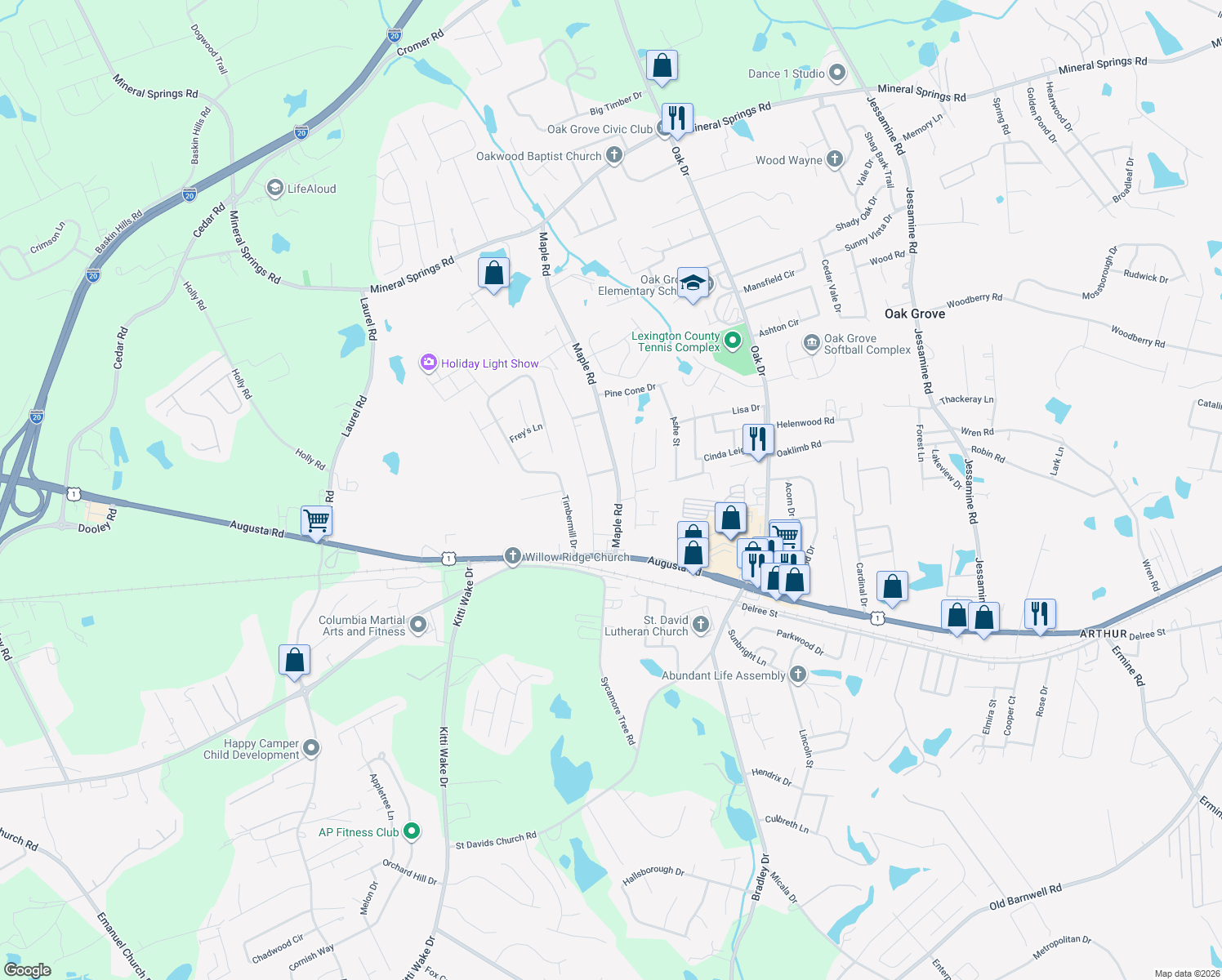 map of restaurants, bars, coffee shops, grocery stores, and more near 119 Maple Road in Lexington