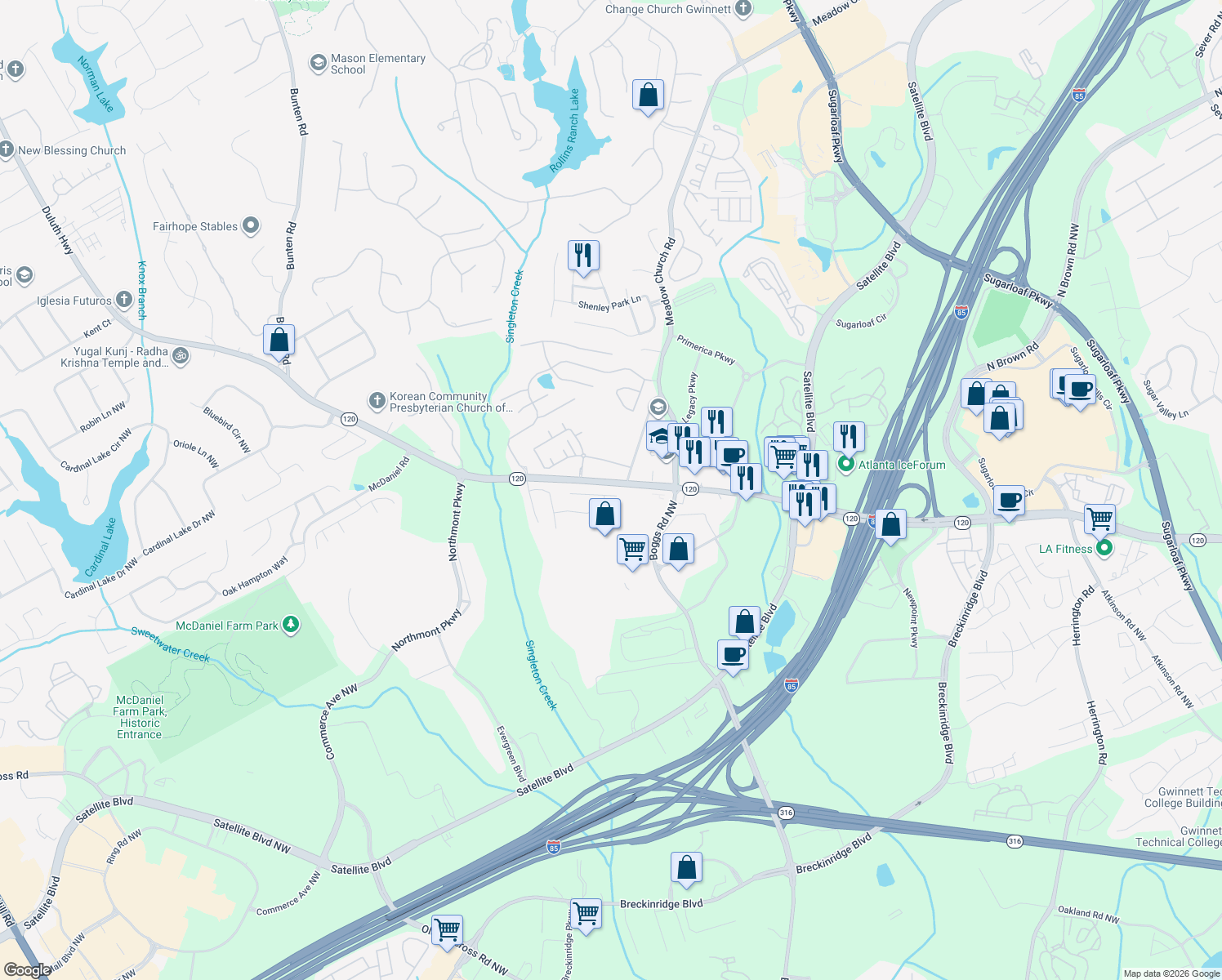 map of restaurants, bars, coffee shops, grocery stores, and more near 2499 Worrall Hill Way in Duluth
