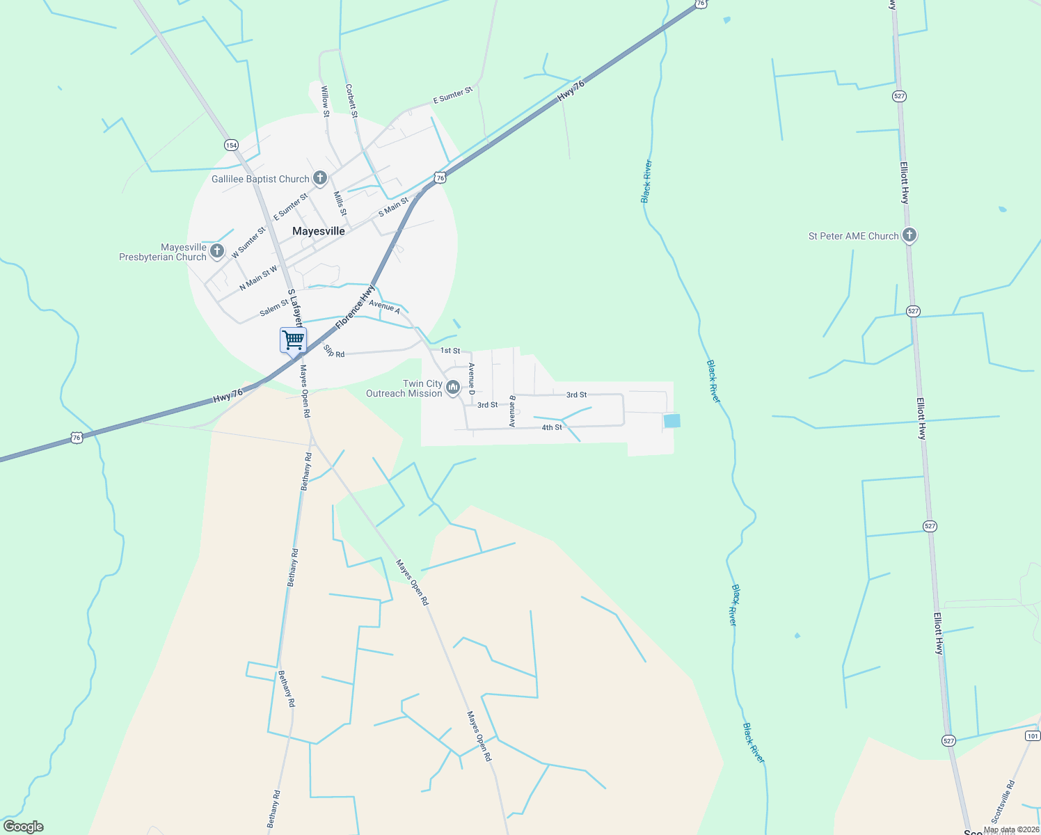 map of restaurants, bars, coffee shops, grocery stores, and more near 2045 Avenue B in Mayesville