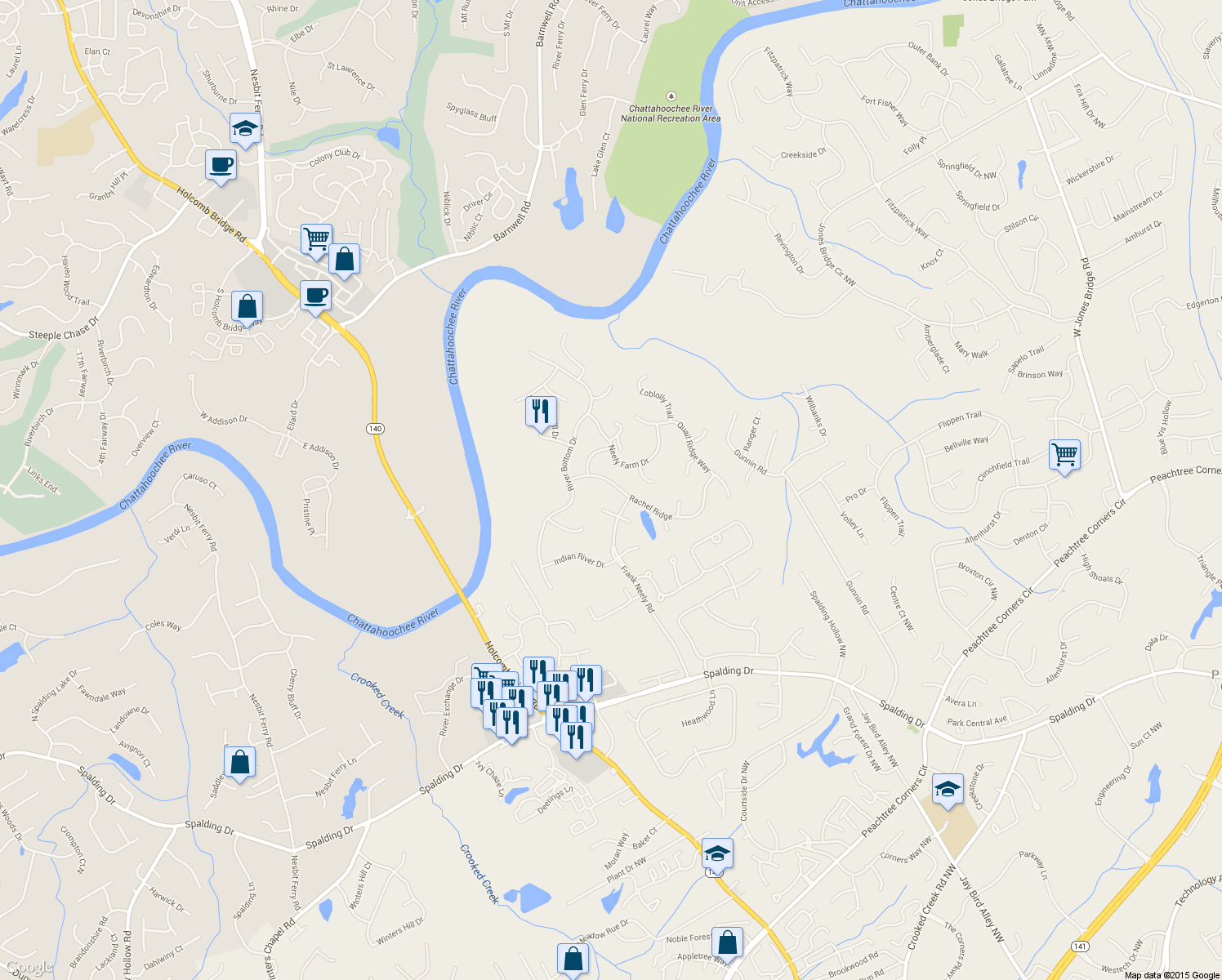 map of restaurants, bars, coffee shops, grocery stores, and more near 6140 Rachel Ridge in Norcross