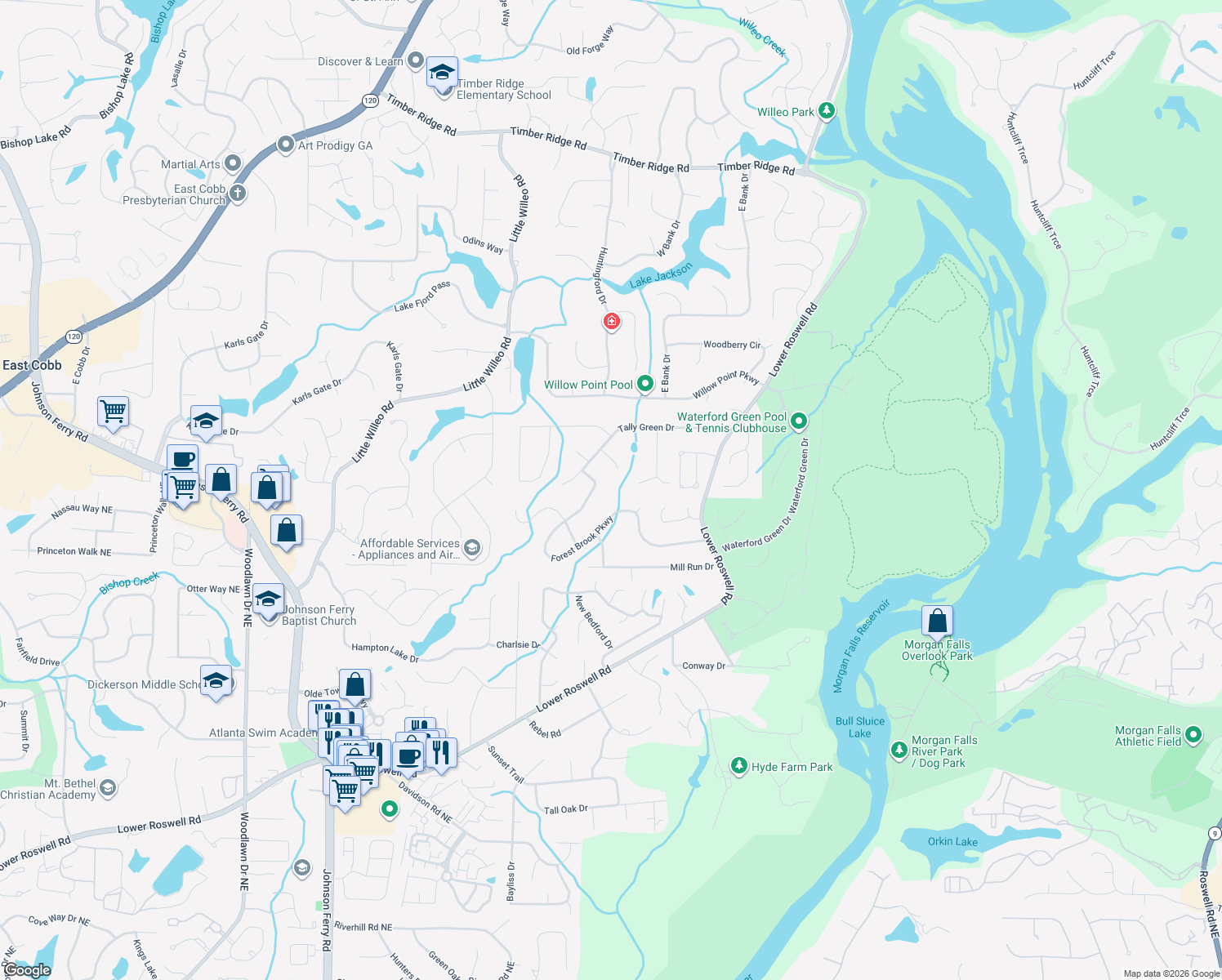 map of restaurants, bars, coffee shops, grocery stores, and more near 5153 Forest Brook Parkway in Marietta