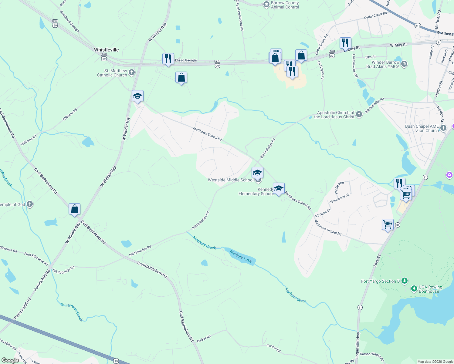 map of restaurants, bars, coffee shops, grocery stores, and more near 430 Foxdale Road in Winder