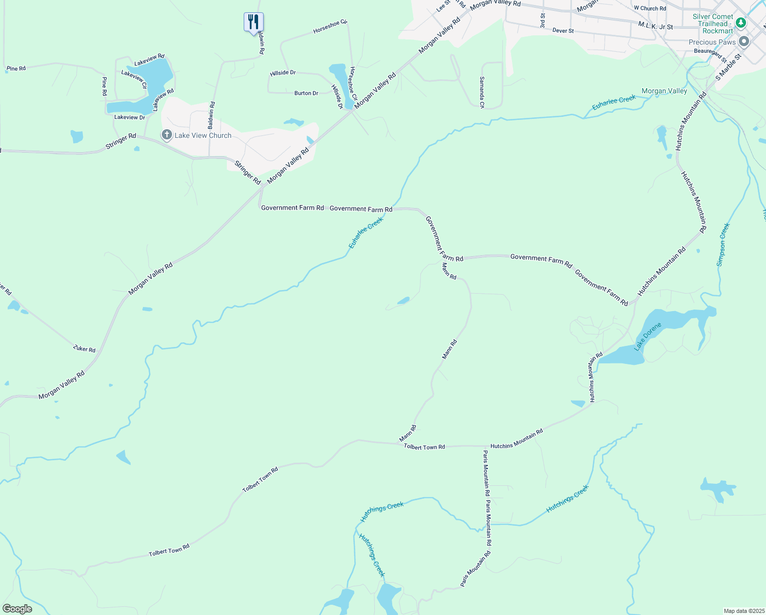 map of restaurants, bars, coffee shops, grocery stores, and more near 571 Mann Road in Rockmart