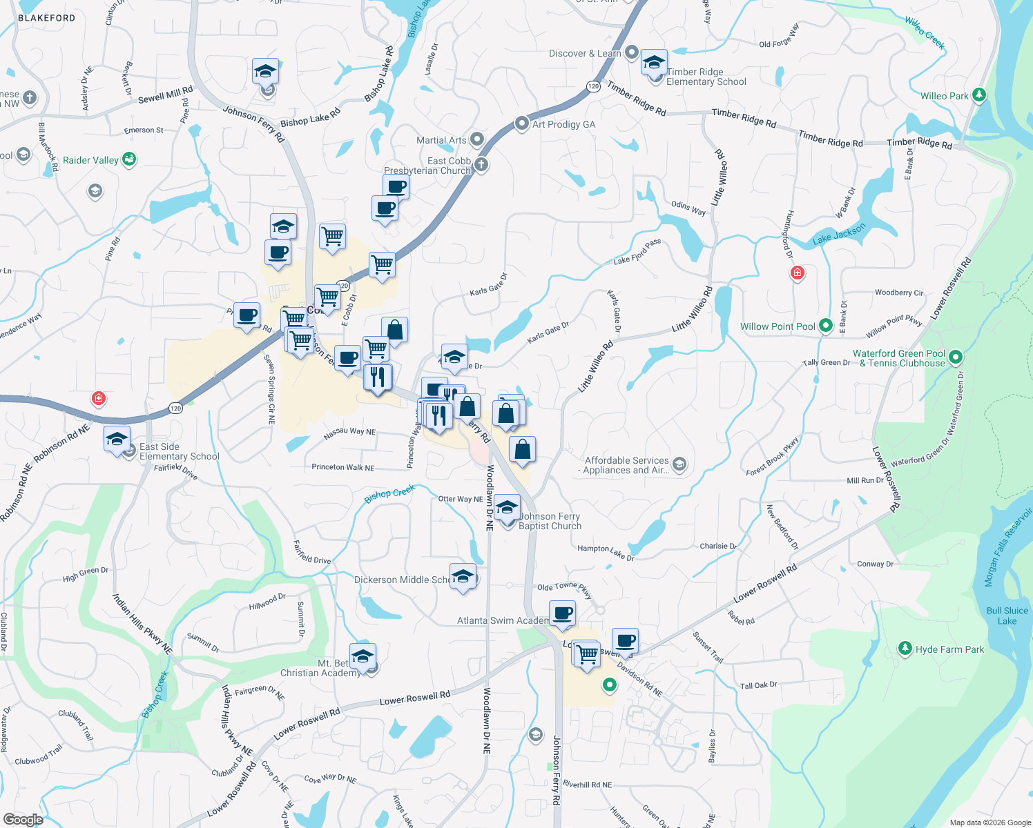map of restaurants, bars, coffee shops, grocery stores, and more near 4724 Woodlawn Court in Marietta