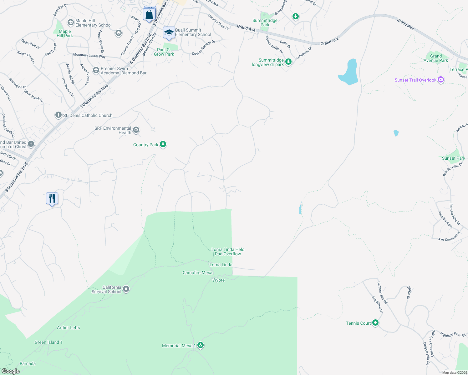 map of restaurants, bars, coffee shops, grocery stores, and more near 2648 Clear Creek Lane in Diamond Bar