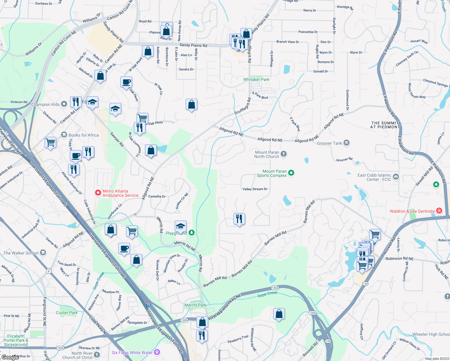 map of restaurants, bars, coffee shops, grocery stores, and more near 1439 Shadowrock Court Northeast in Marietta