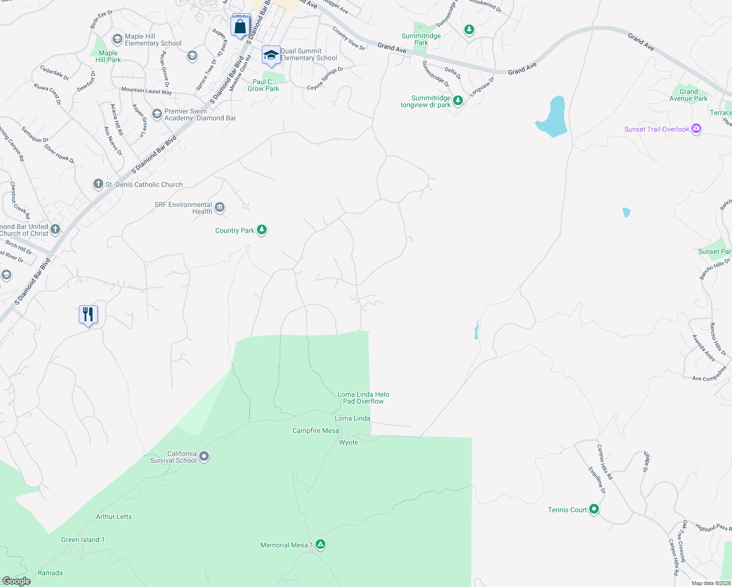 map of restaurants, bars, coffee shops, grocery stores, and more near 2648 Clear Creek Lane in Diamond Bar